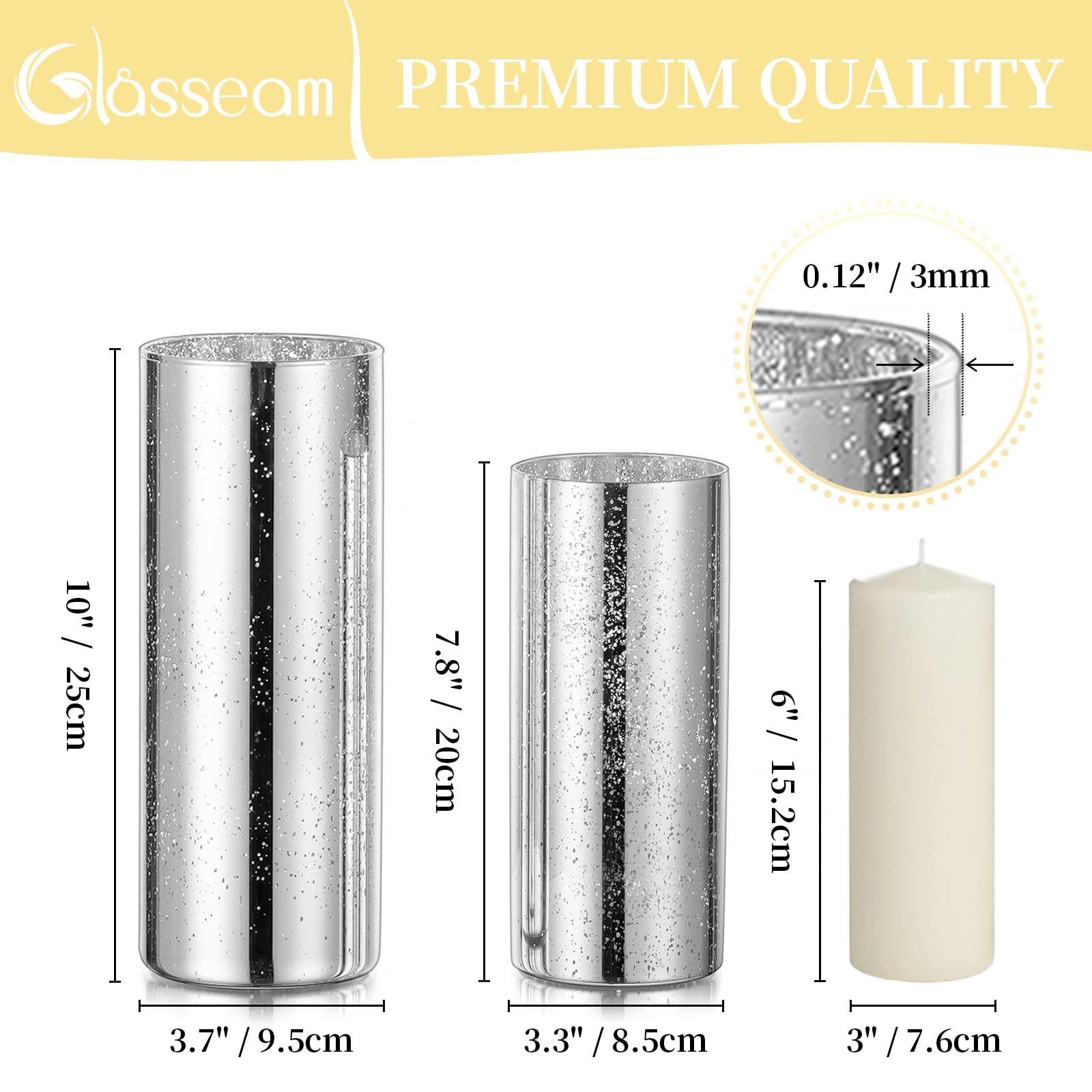 Glasseam Silver Hurricane Candle Holder Set of 2 - Modern Mercury Glass Cylinder Candle Holders for Pillar Candles, Floating Candle Vases - Perfect for Wedding Centerpieces, Dining Table Decor, Christmas Holiday Home Decor
