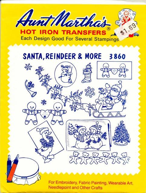 Vintage Transfer Pattern Aunt Martha's Santa Reindeer 3860 - Iron-On Embroidery Design for Christmas DIY Crafts, Holiday Decorations & Festive Home Projects