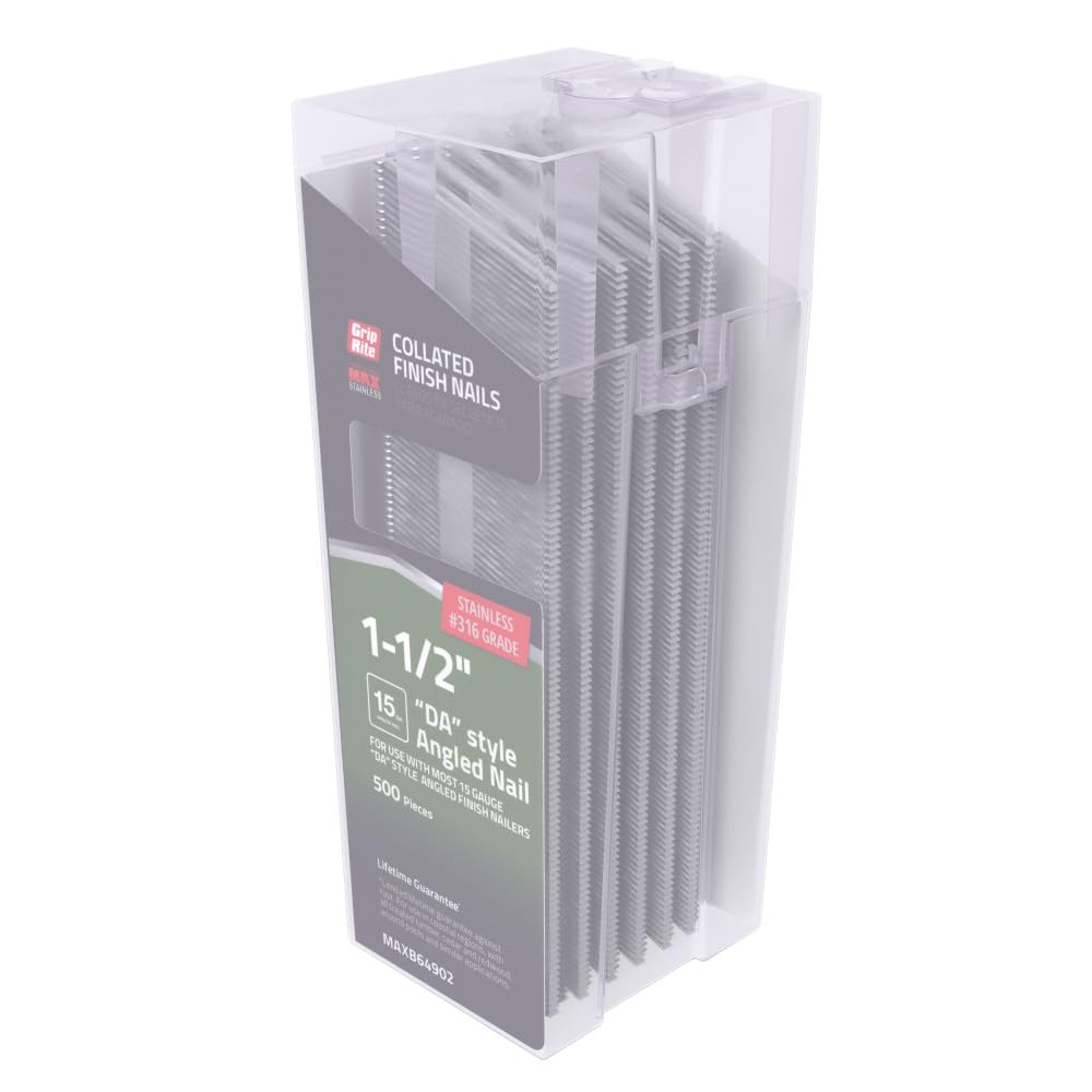 Grip Rite Prime Guard MAXB64902 1-1/2-Inch 316 Stainless Steel 15-Gauge DA-Style Angled Finish Nails, 500 per Belt Clip - Ideal for Trim Work, Cabinetry, and Fine Woodworking Projects
