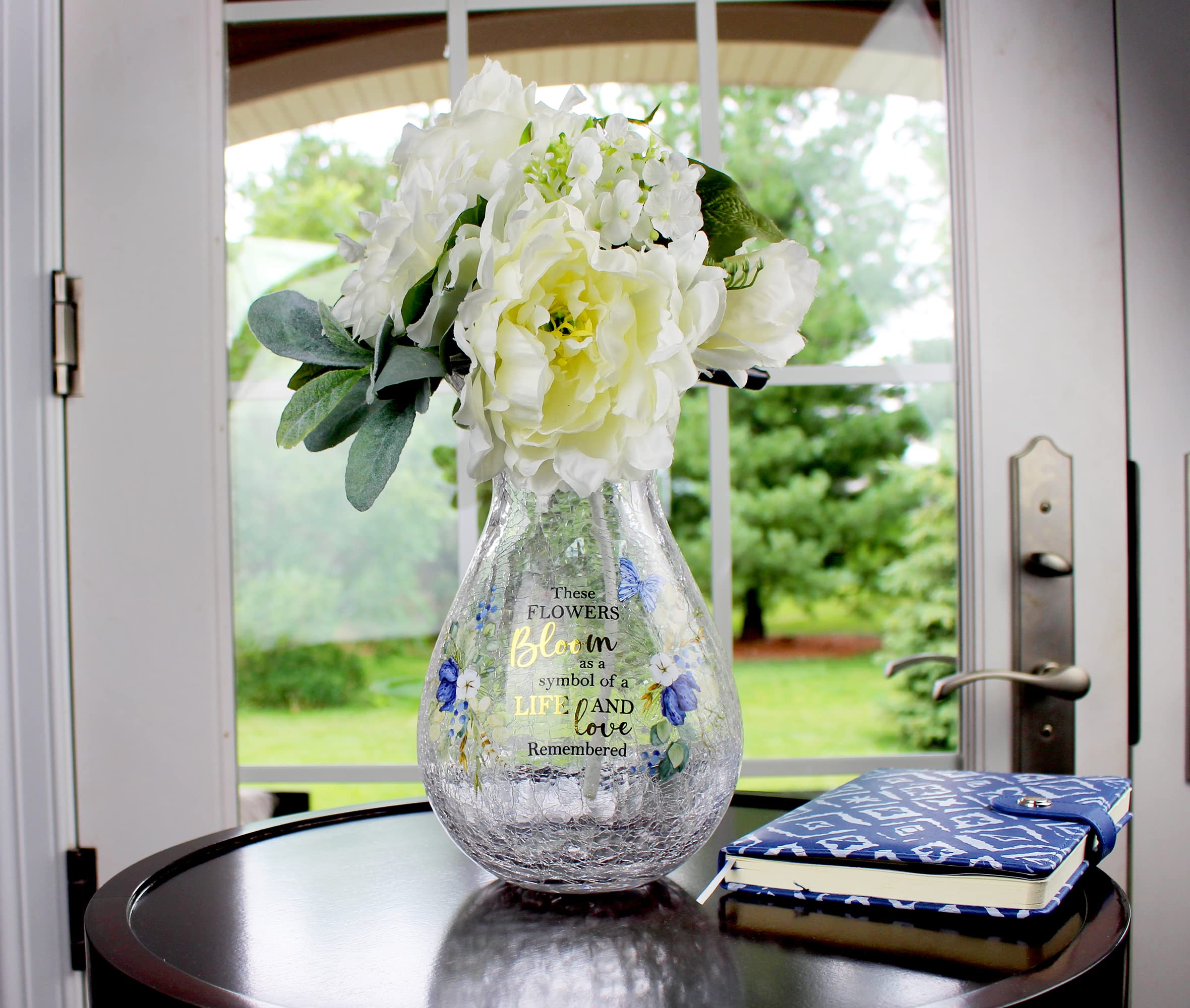 Lillian Rose Crackle Glass Memorial Vase - Engraved Sympathy Verse for Funeral, Memorial Service & Home Decoration - Elegant Floral Display for Condolences & Remembrance