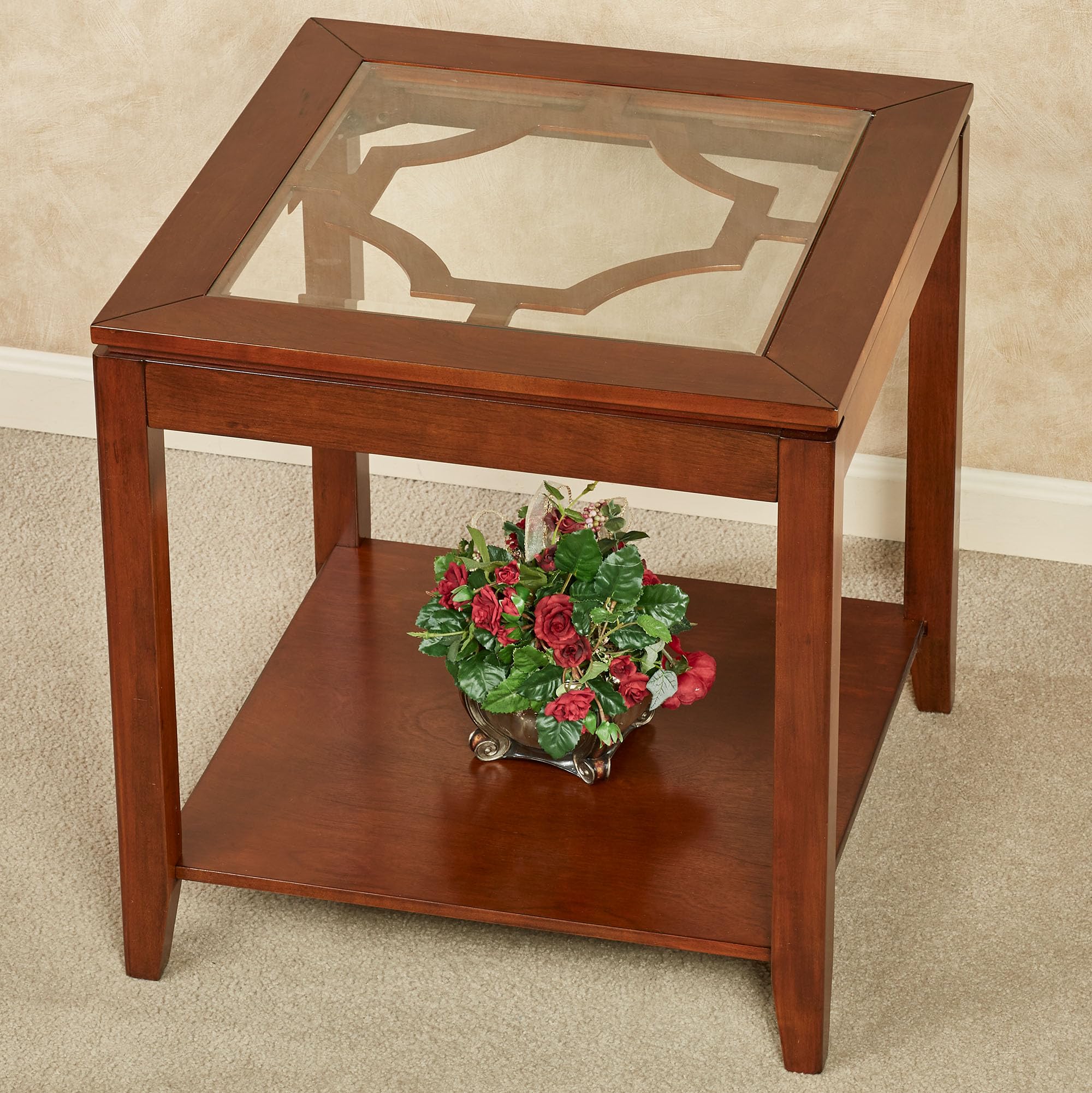 Touch of Class Calderon Wooden Side Table with Glass Top - Natural Cherry Finish - Accent Table for Bedroom, Living Room, Office, Man Cave, Hallway, Entryway - Perfect for Coffee Table, Nightstand, or Decorative Display