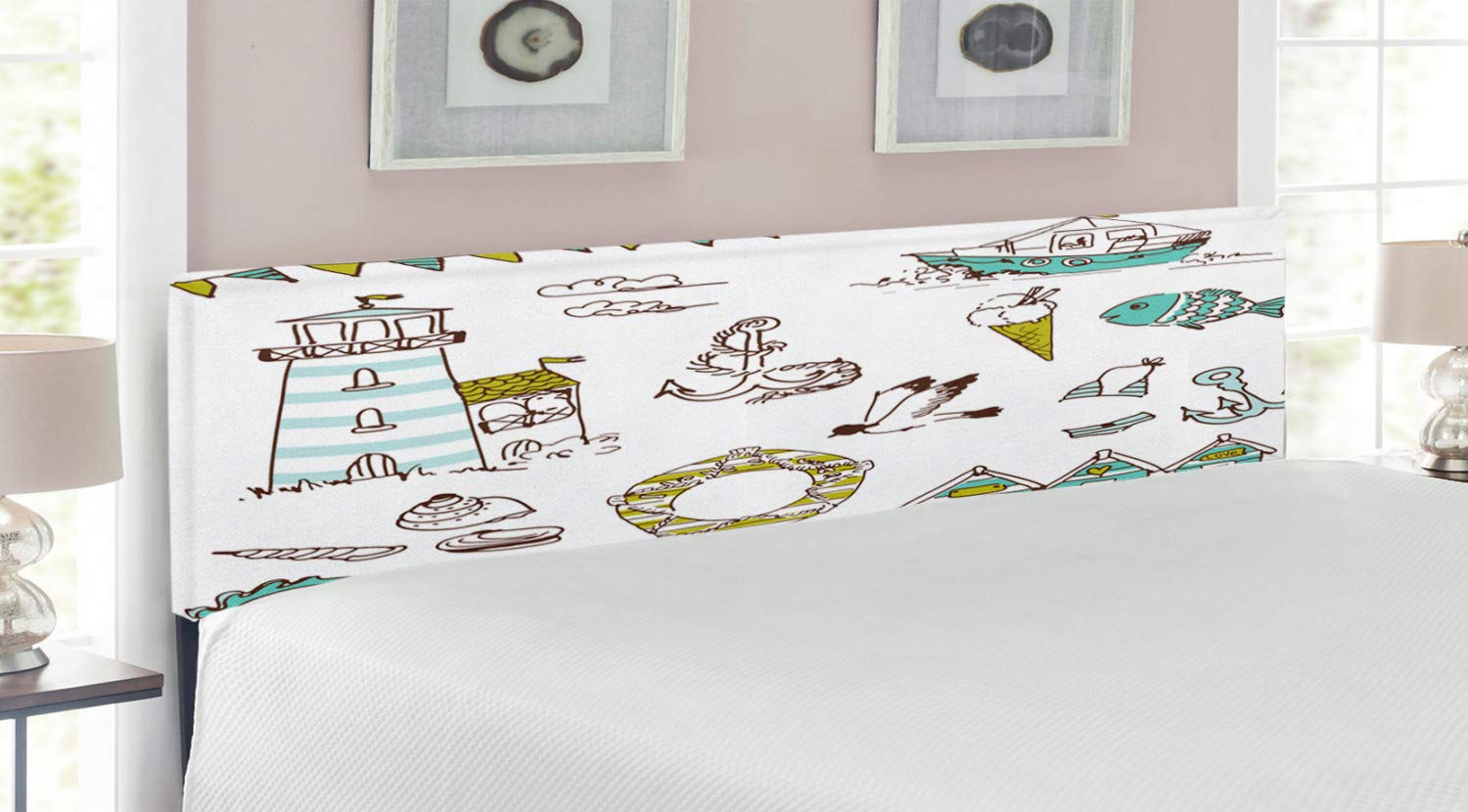 Ambesonne Nautical King Size Headboard - Marine Themed Upholstered Bed Frame with Memory Foam | Fish, Lighthouse & Anchor Design in Pale Green & Yellow | Perfect for Coastal, Beach House or Nautical Bedroom Decor