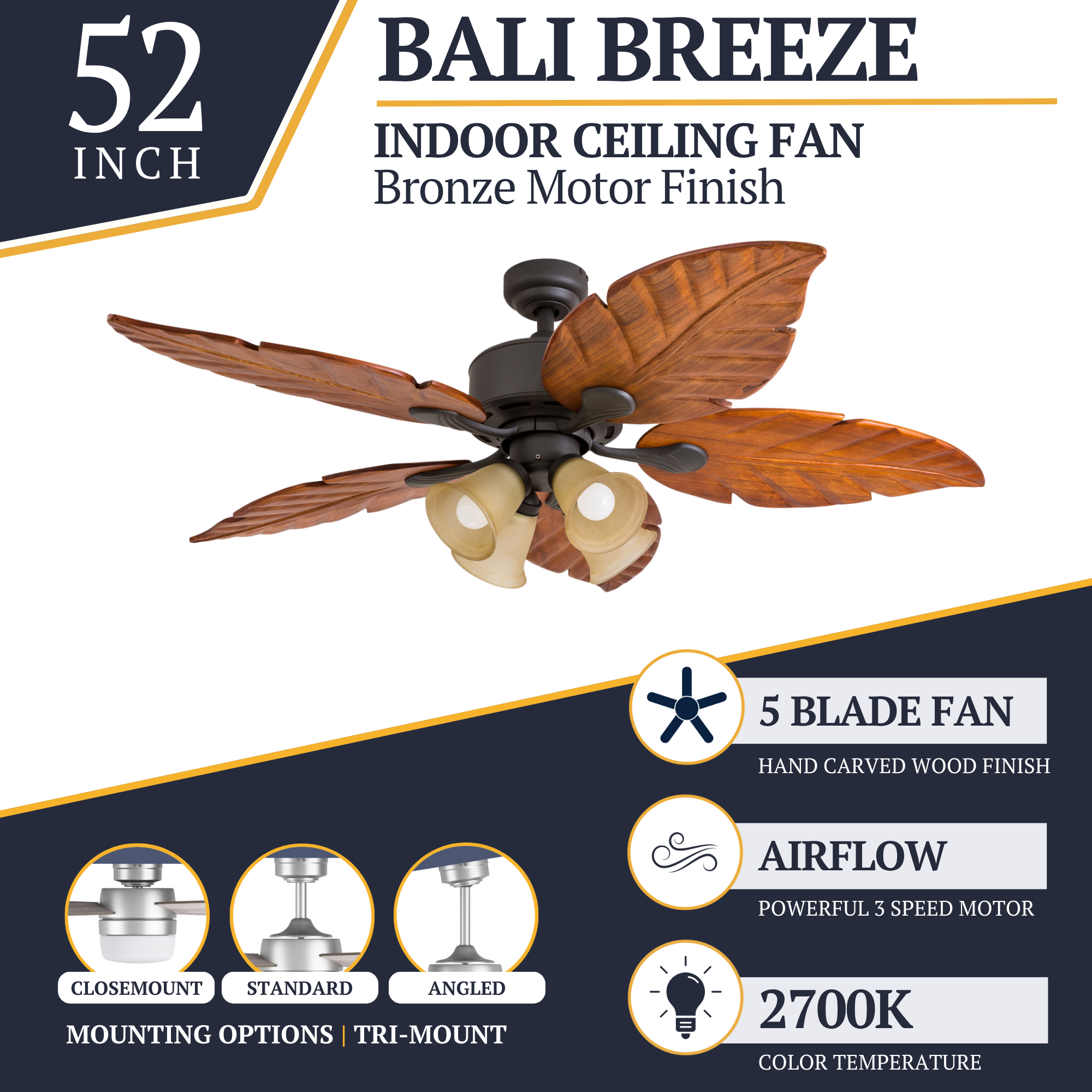 52 Inch Bronze Remote Control Ceiling Fan with Light - Modern Energy Efficient Indoor Cooling Fan for Living Room, Bedroom, and Office