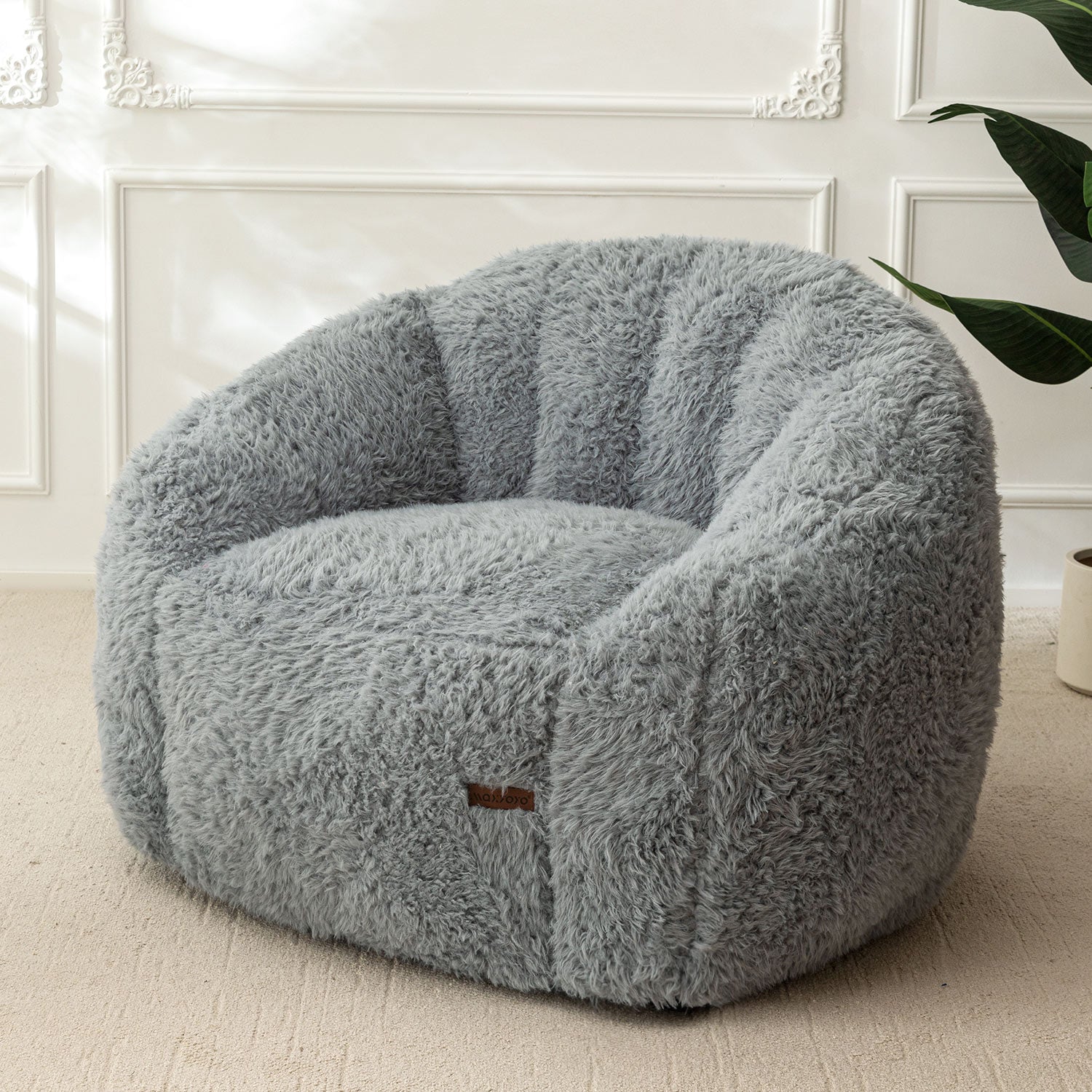 MAXYOYO Giant Bean Bag Chair - Fluffy Shaggy Floor Sofa with Shell Design for Ultimate Comfort, Grey - Perfect for Living Room, Bedroom, Game Room & Dorm Relaxation