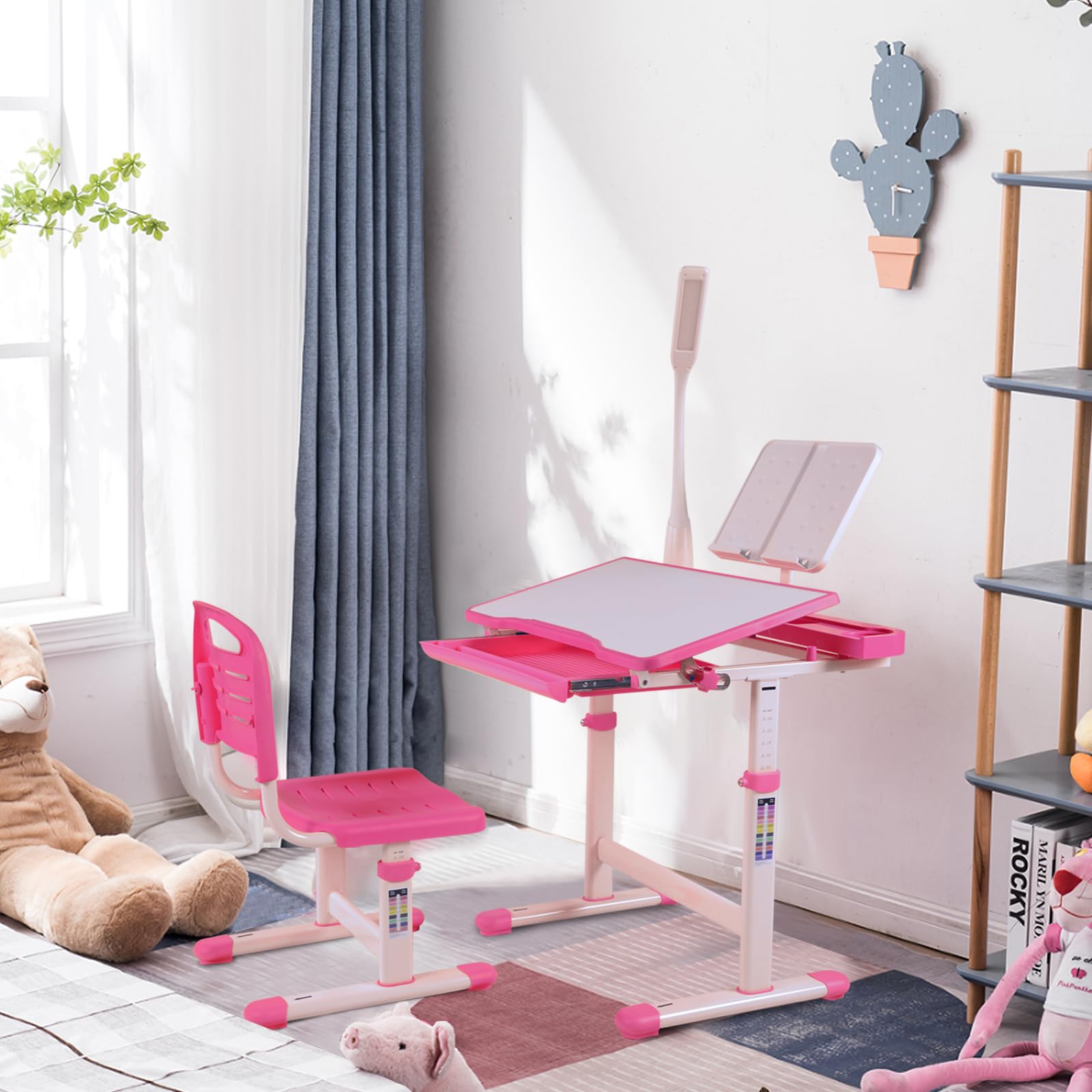 Napfox Adjustable Kids Desk and Chair Set - Ergonomic Study Desk for Children with Height Adjustable & 40° Tiltable Desktop, LED Light & Bookstand (Pink) - Perfect for Homework, Drawing & Online Learning
