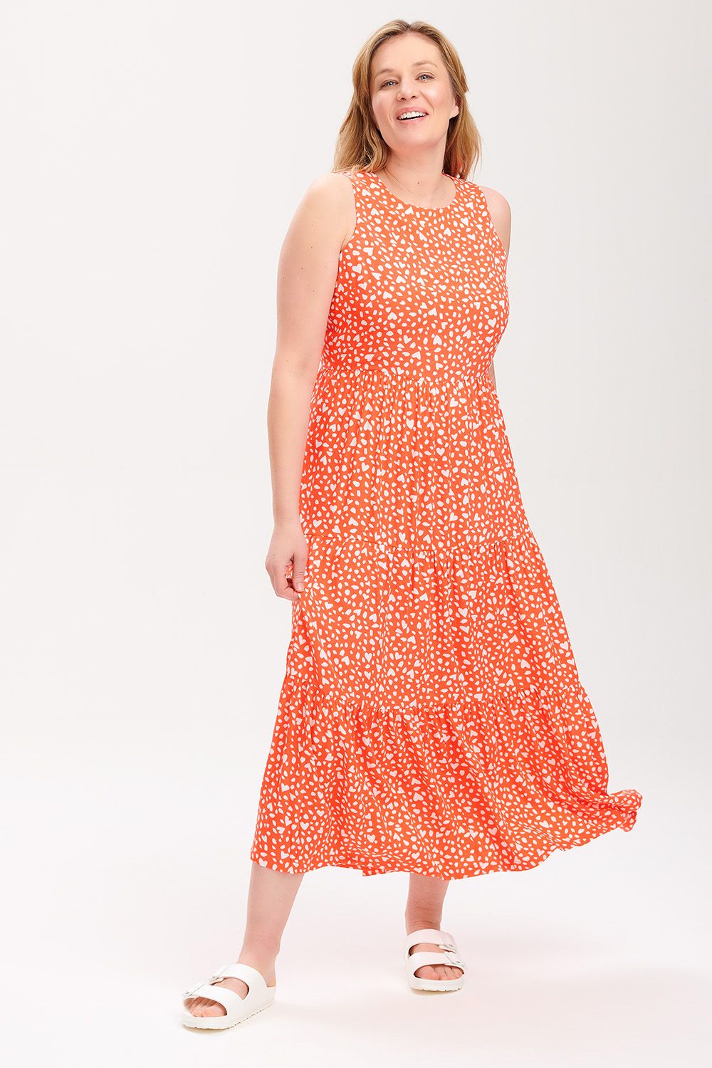 Perla Maxi Tiered Sundress - Floral Love Heart Print (Coral) | Women's Summer Beach Dress for Vacation, Pool Party & Boho Outfits