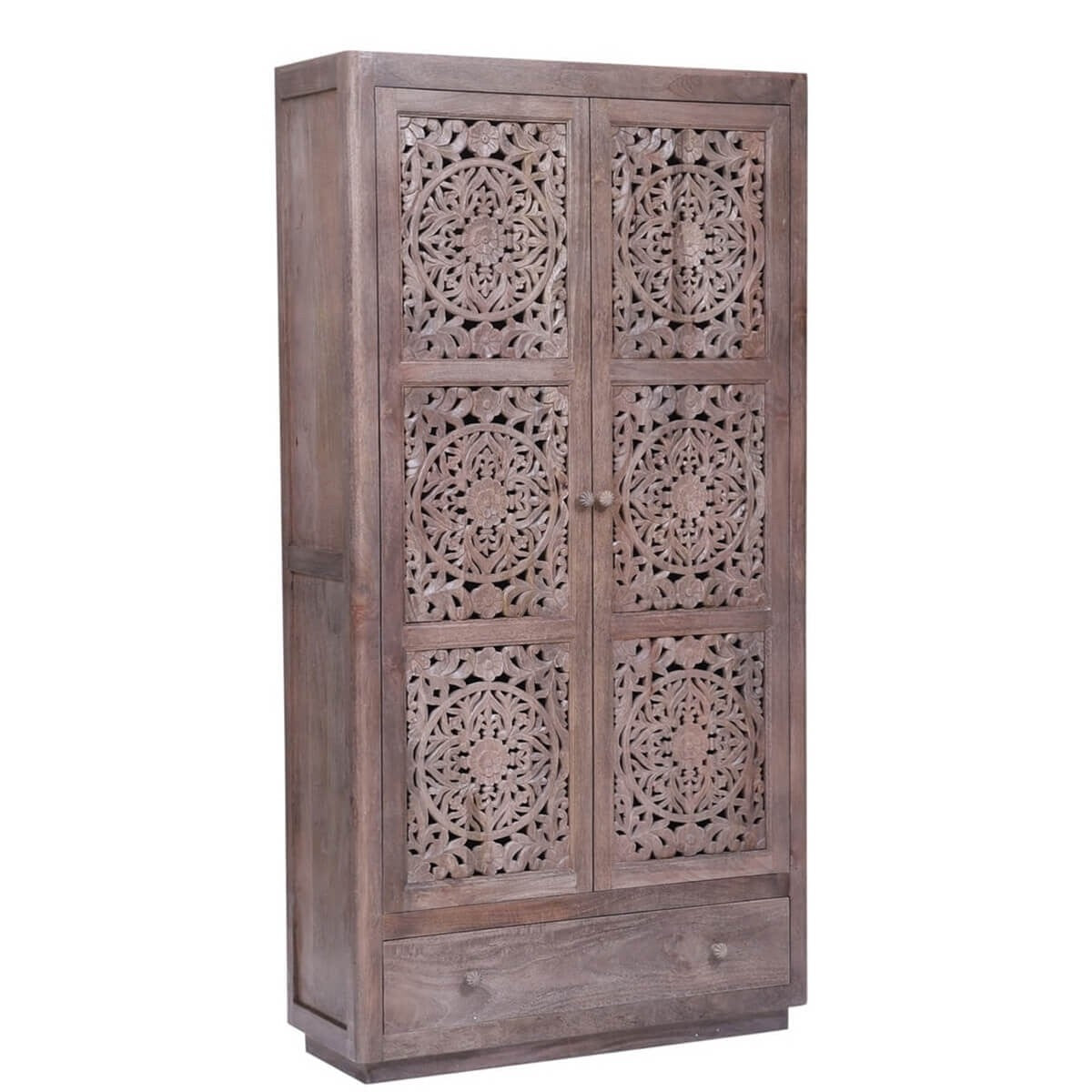 Hand Carved Reclaimed Wood Cabinet with Shelves and Drawers - Rustic Indian Furniture for Living Room, Bedroom & Kitchen Storage