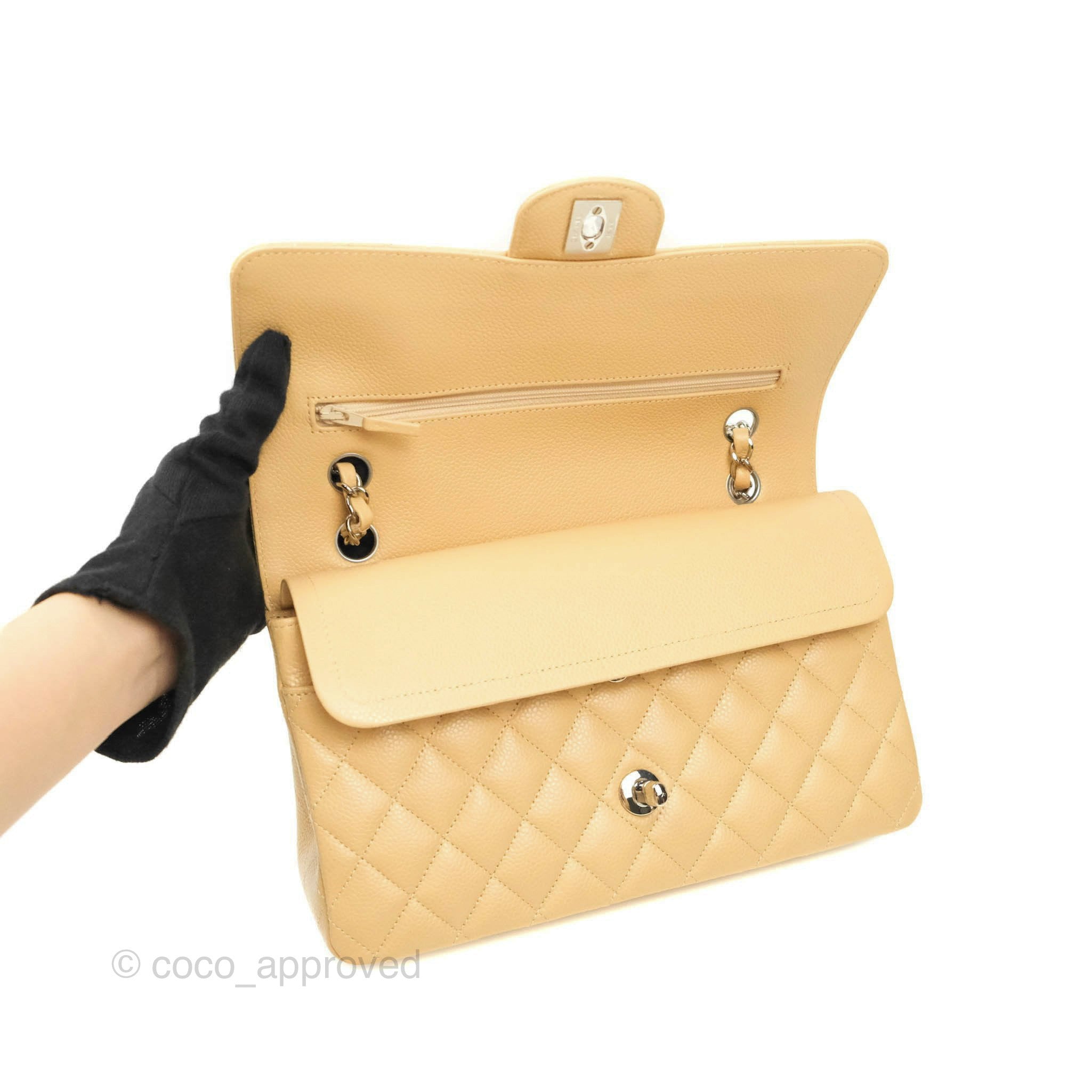 Chanel Classic M/L Medium Double Flap Bag in Beige Caviar Leather with Silver Hardware - Luxury Handbag for Women, Perfect for Work, Parties & Everyday Use