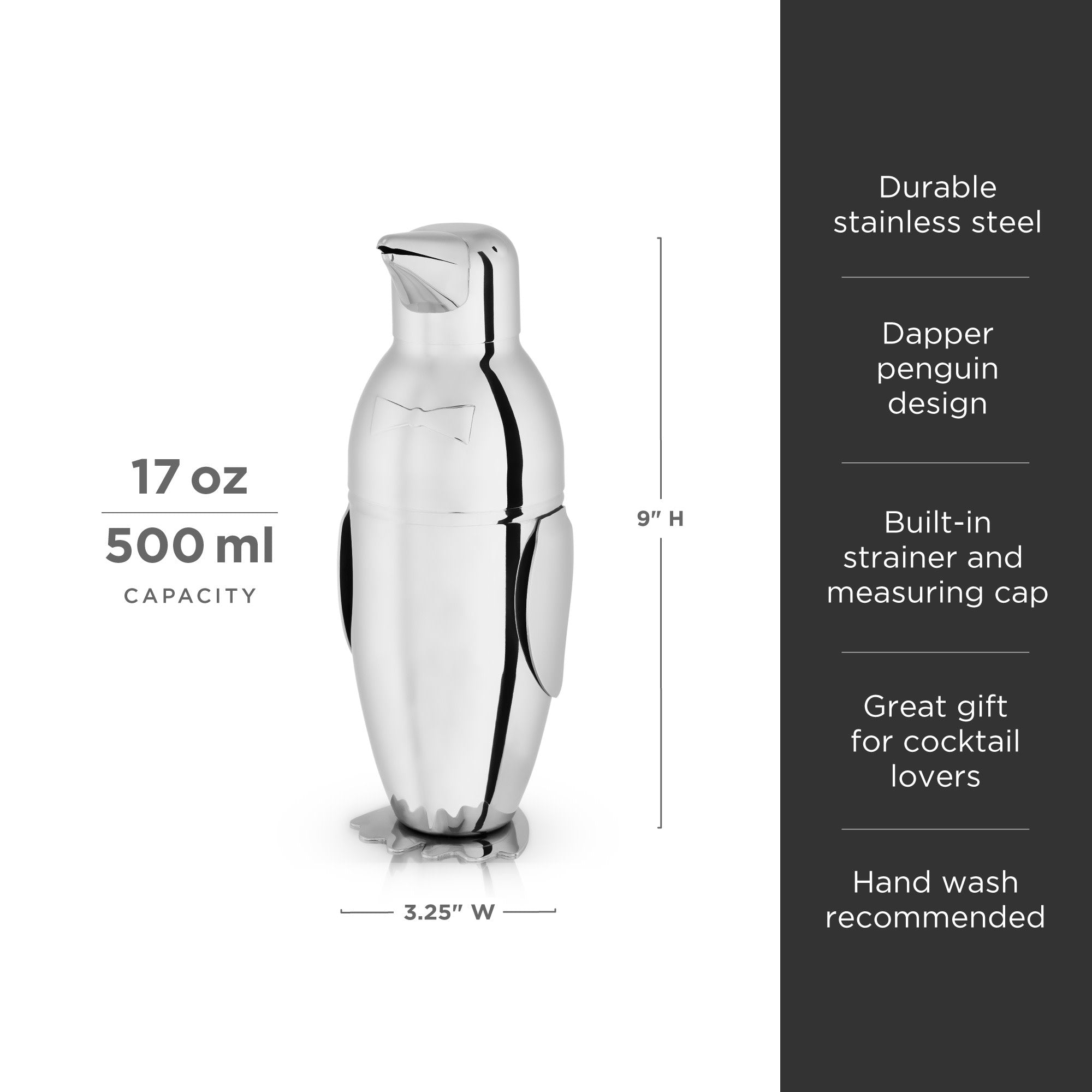 Premium Stainless Steel Penguin Cocktail Shaker - Bar Quality Mixing Tool for Martinis & Cocktails - Perfect for Home Bars, Parties & Professional Bartenders