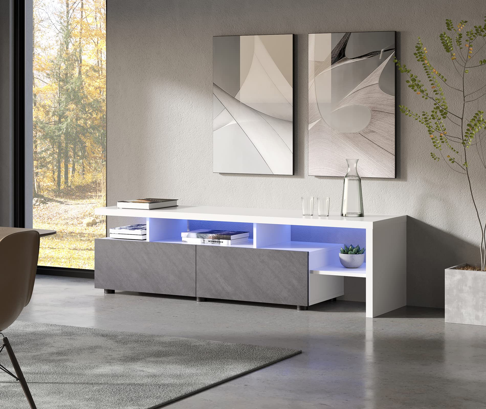 Modern TV Stand with LED Lights for 65 Inch TVs - 13.1ft Self-Adhesive Blue LED Strips, Entertainment Center with Flip-Down Doors & Open Shelves - White/Gray - Perfect for Living Room & Bedroom Home Theater Setup