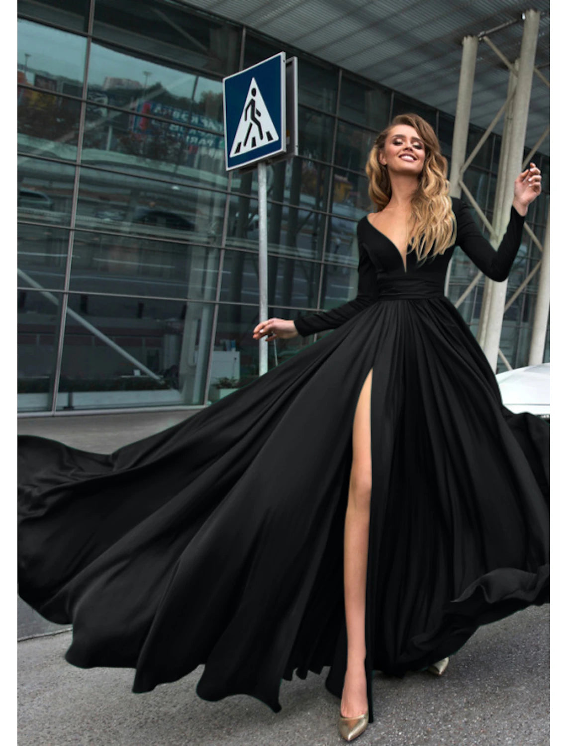 Elegant A-Line Evening Gown - Empire Waist Floor Length Dress with V-Neck & Long Sleeves | Chiffon V-Back Design with Thigh Slit | Perfect for Holiday Parties, Prom, Wedding & Formal Events