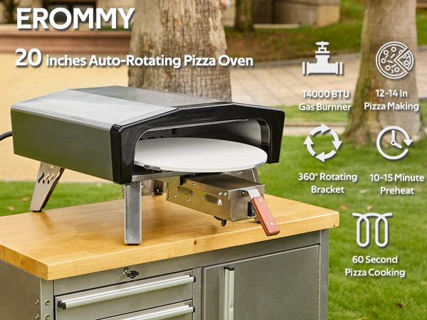 EROMMY 20-inch Auto Rotating Gas Pizza Oven with 360° Rotating Stone & Folding Design - Portable Outdoor Pizza Maker for Backyard, Camping, Picnics | Perfect for Home Use, Parties & Outdoor Cooking