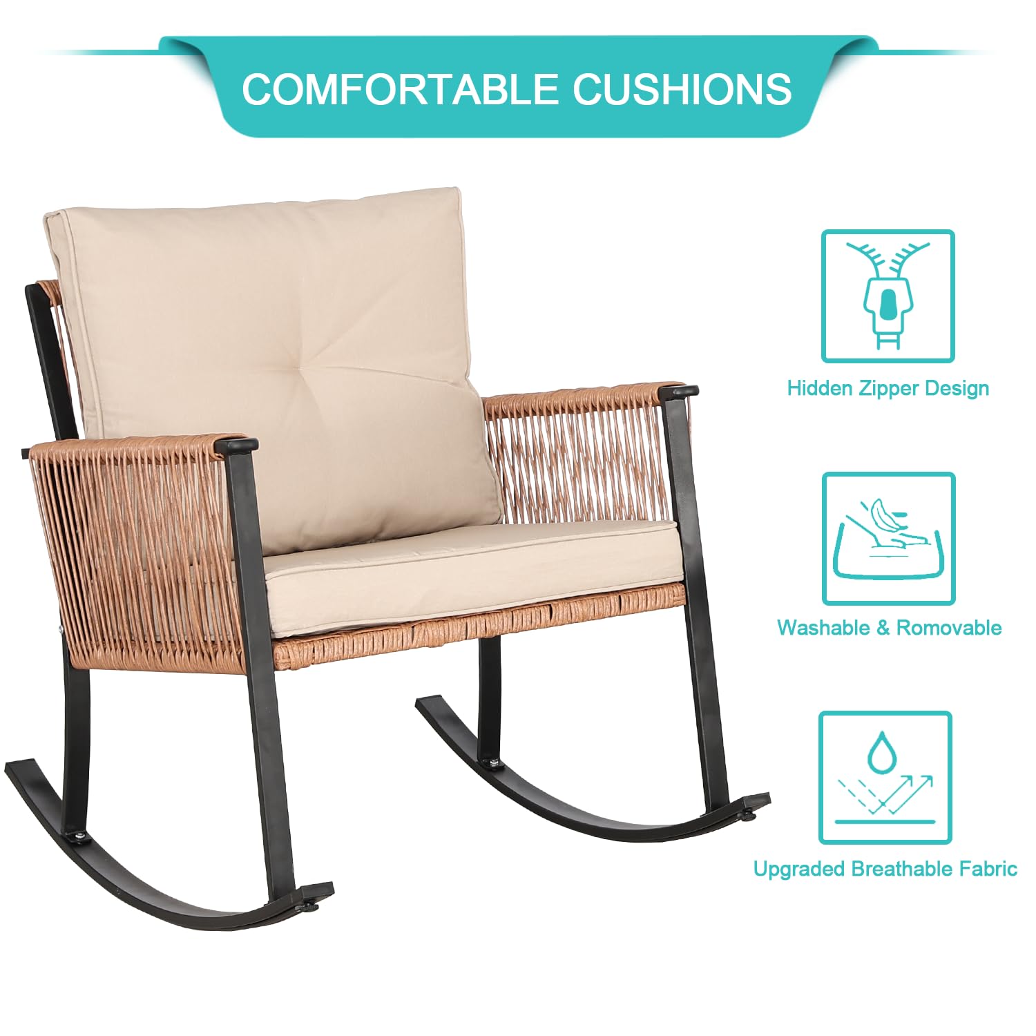 3-Piece Rocking Bistro Set - Oversized Rattan Patio Furniture with Thick Cushions & Coffee Table - Outdoor Conversation Set for Garden, Balcony, Backyard (Tan-Beige) - Perfect for Relaxing, Entertaining & Enjoying Morning Coffee in Your Outdoor Space