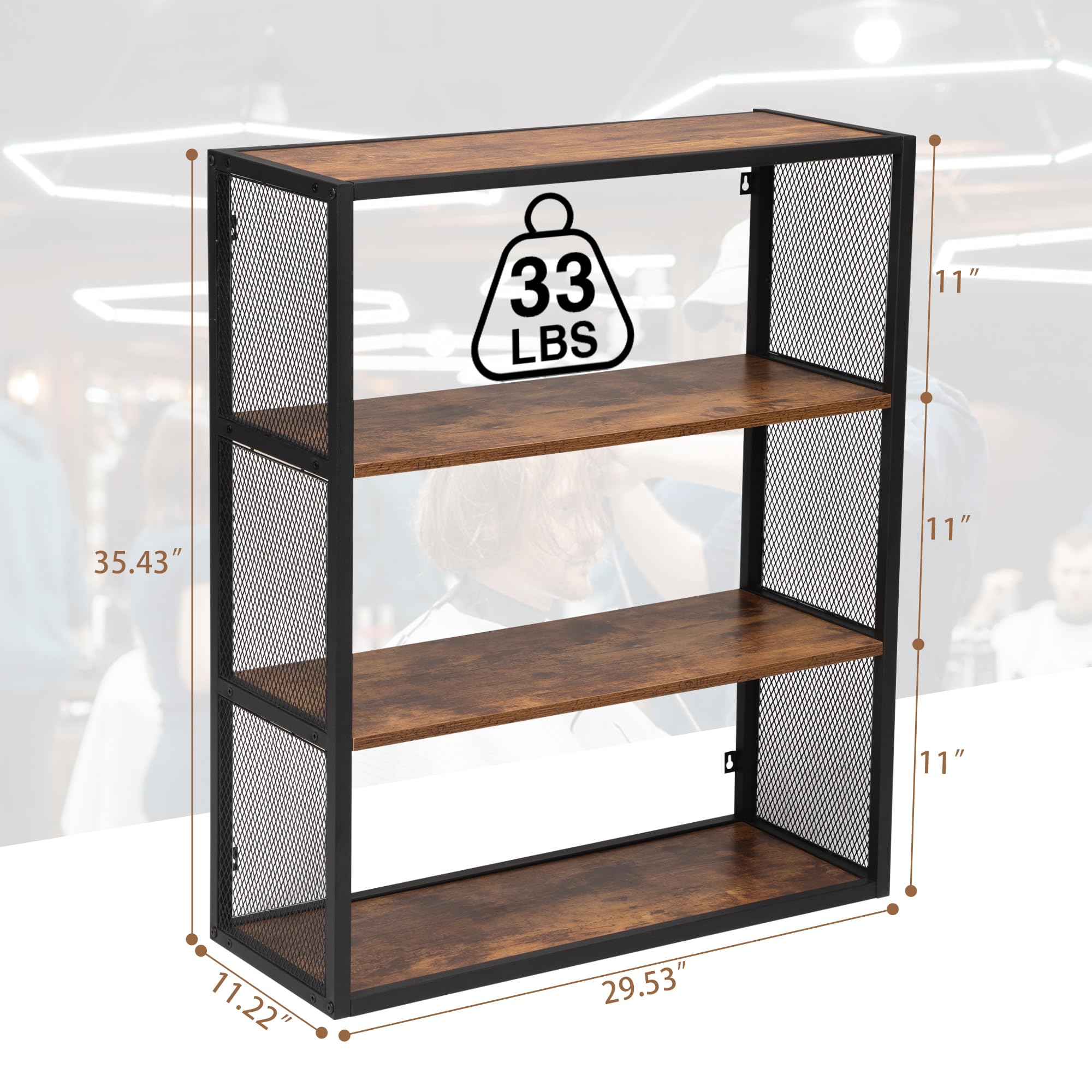 4 Tier Wall Mounted Storage Shelves - Rustic Brown Multipurpose Bookcase for Home, Salon, Barber & Tattoo Shop - Perfect for Organizing Books, Beauty Supplies & Decorative Items