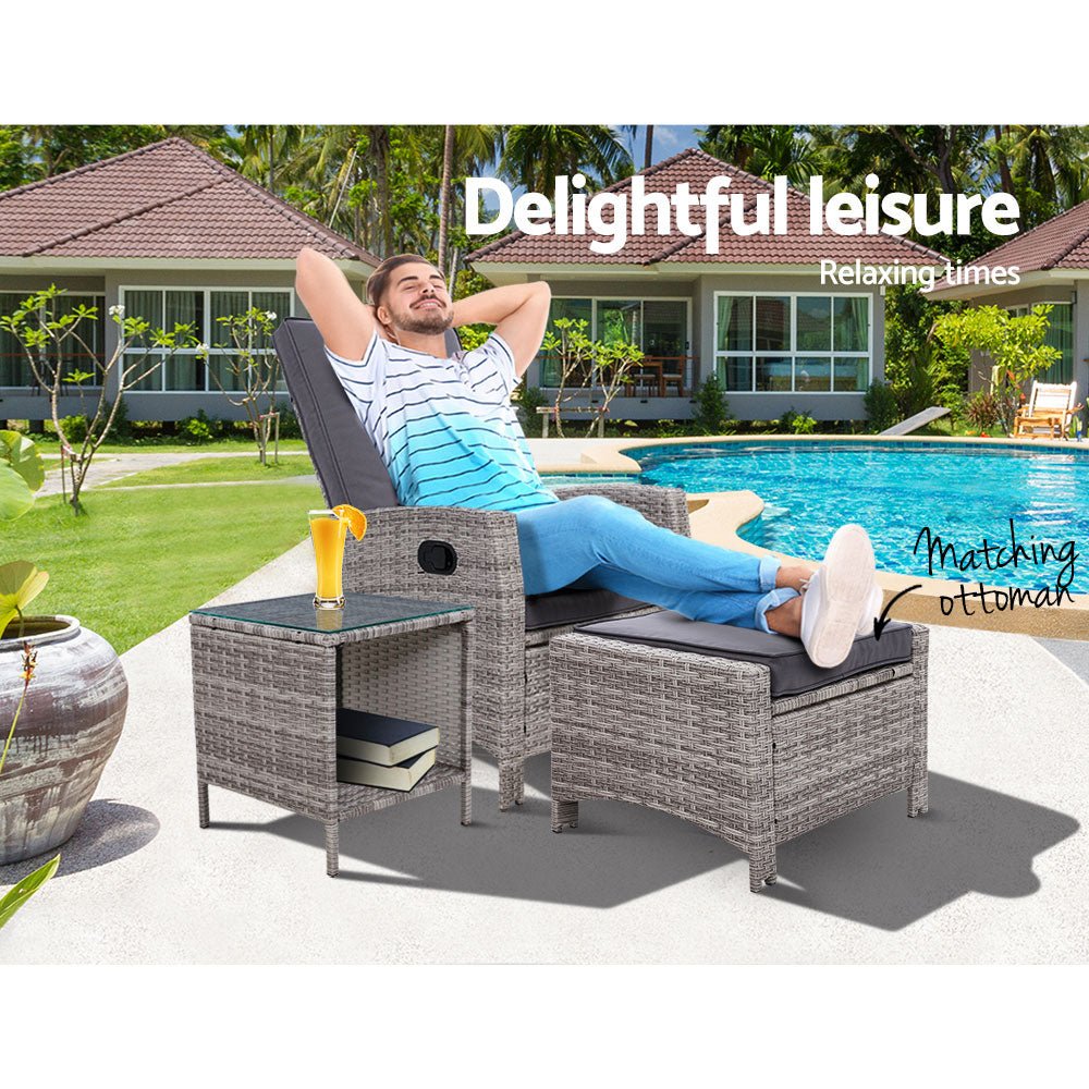 3-Piece Elise Outdoor Recliner Chair with Ottoman and Side Table Set - Grey Patio Furniture for Backyard, Poolside & Garden Relaxation