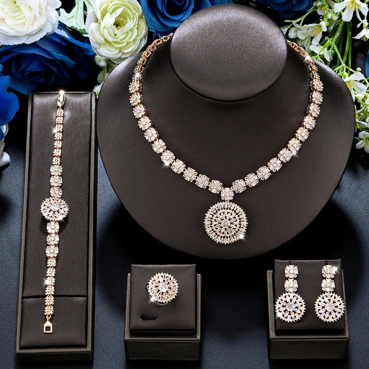 Elegant African Zirconia Bridal Jewelry Set - 4 Piece Necklace, Bracelet, Earrings & Ring for Wedding, Engagement & Special Occasions