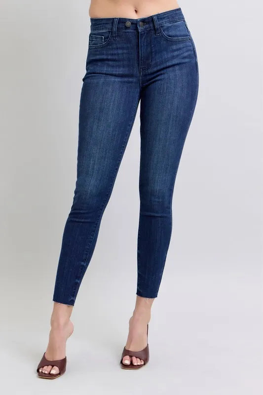 Judy Blue Women's Plus Size Mid Rise Skinny Jeans with Raw Hem - Stretch Denim Pants for Casual Wear & Everyday Comfort
