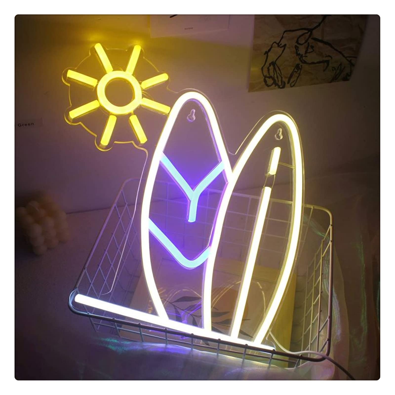 Sun And Surfboard LED Neon Sign - Summer Surfing Themed Wall Decor Light for Home, Kids Room, Bar, Party, Christmas & Wedding - Perfect for Beach Themed Parties, Coastal Home Decor & Neon Art Collection