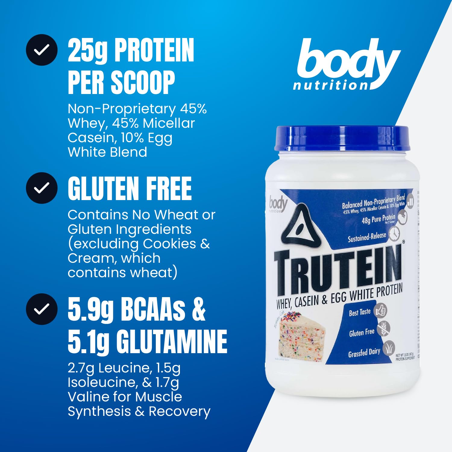 Trutein High Protein Powder - 45% Whey, 45% Casein, 10% Egg White Protein Shake Mix | Gluten-Free, Low Sodium, Low Carb Protein Supplement for Men & Women | Birthday Cake Flavor, 2lb | Perfect for Post-Workout Recovery & Muscle Growth