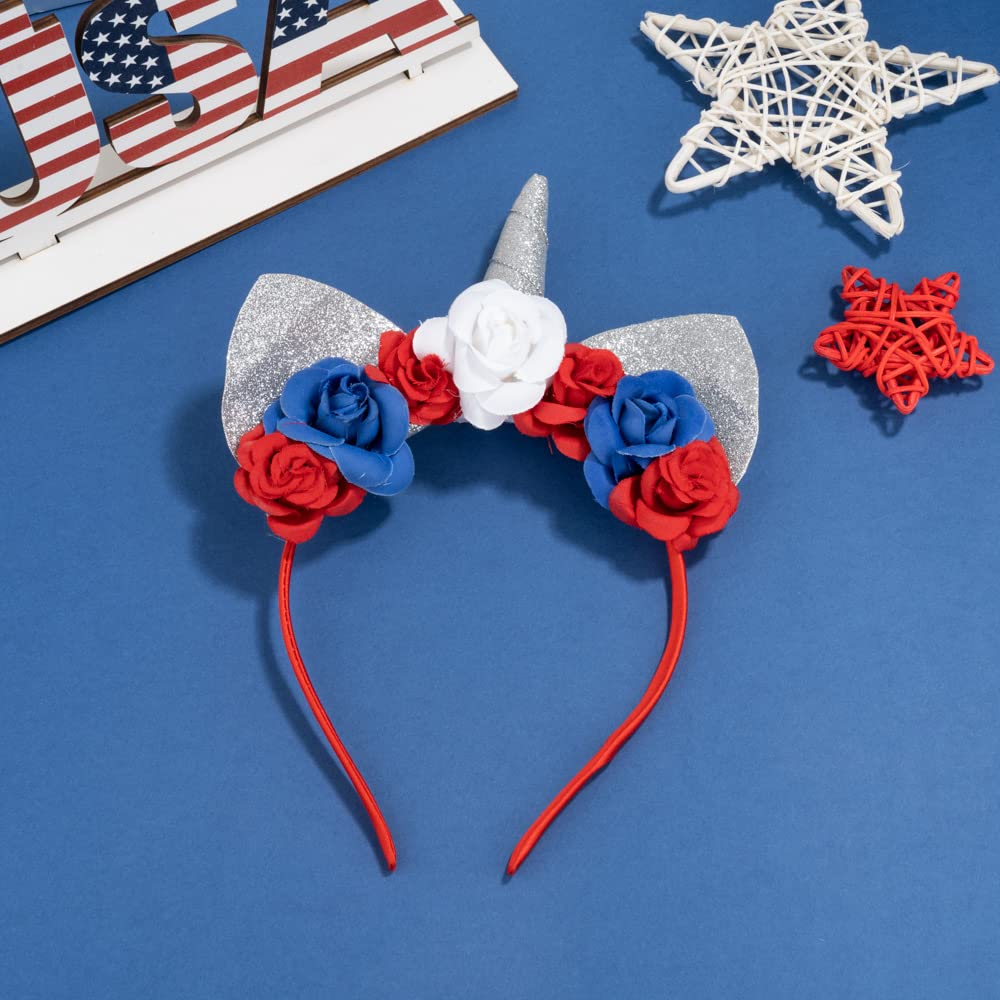 Madison Tyler Silver Glitter Unicorn Headband with Cat Ears | Women's Sparkly Party Hair Accessories for Independence Day, 4th of July, Cosplay & Festivals | Perfect for Costume Parties, Raves, and Holiday Celebrations