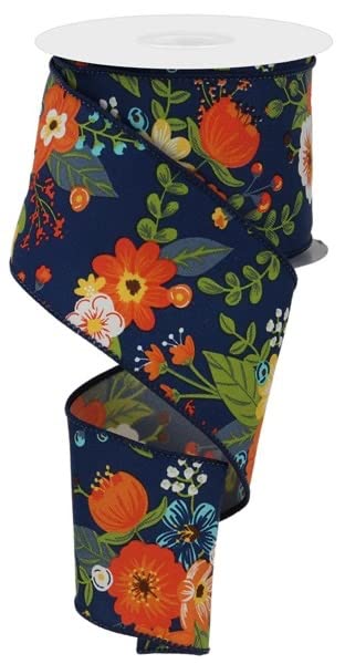 Floral Wired Edge Ribbon - 2.5 Inch Navy - 10 Yards for Gift Wrapping & Crafts