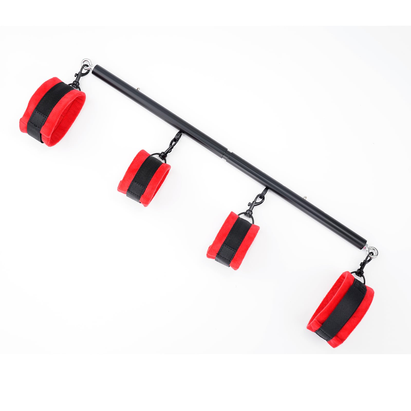 Expandable Spreader Bar - Stainless Steel Exercise Bar with 4 Adjustable Fur Straps for Yoga, Fitness & Gym Workouts | Black & Red Furry Set | Perfect for Home Training, Stretching & Strength Exercises