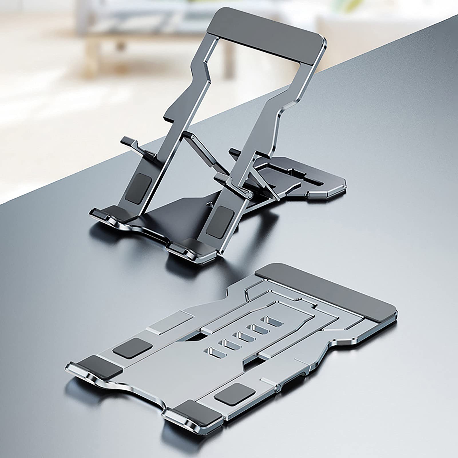 Premium Aluminum Alloy Phone Stand - Ultra Thin Foldable Desktop Cell Phone Holder for Office & Home Use | Universal Phone Stand for Watching Videos, Video Calls & Hands-Free Viewing (Grey)