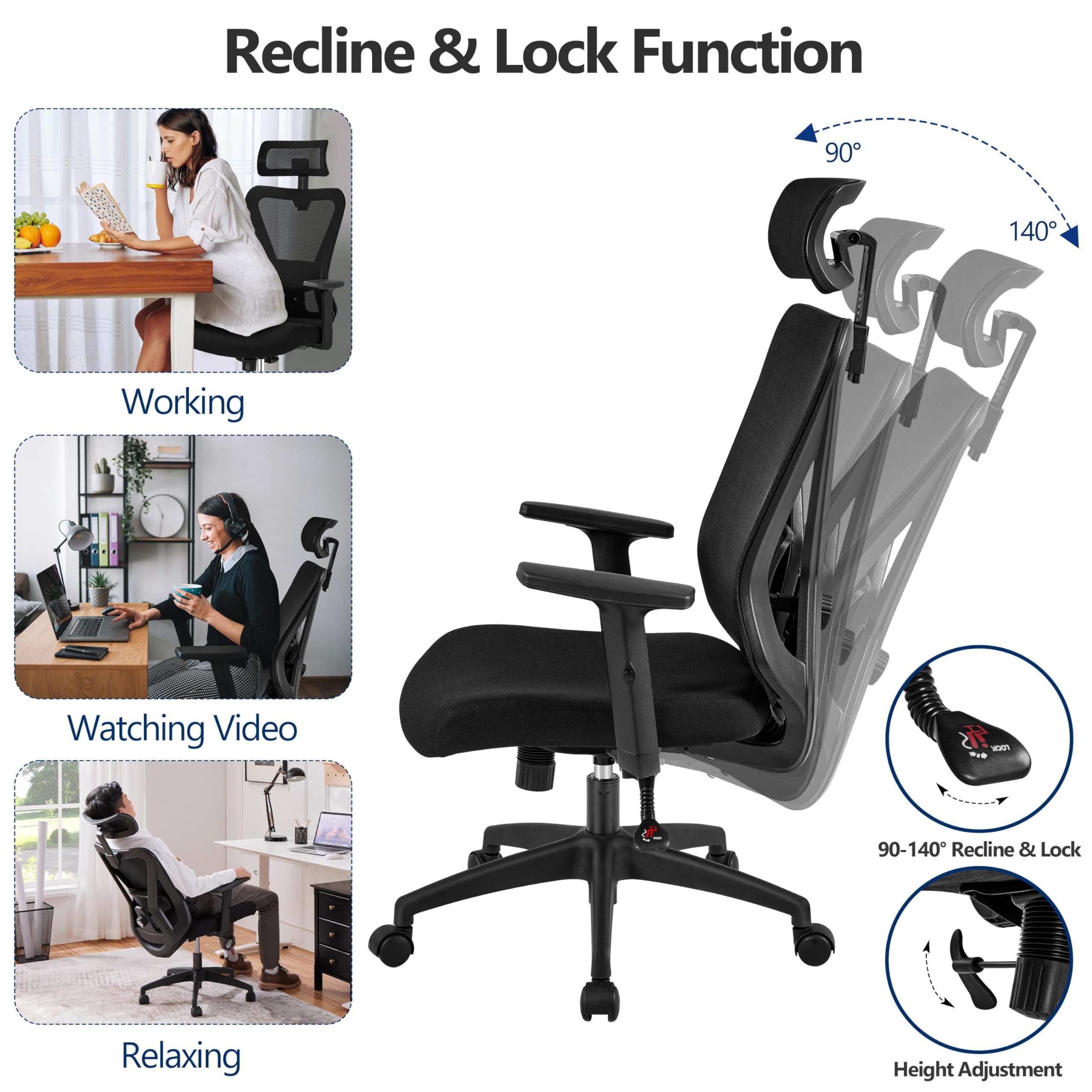 Yaheetech Ergonomic Office Chair - High Back Mesh Computer Chair with Adjustable Lumbar Support, Armrests & Headrest - Black - Perfect for Home Office, Gaming & Study Workspaces
