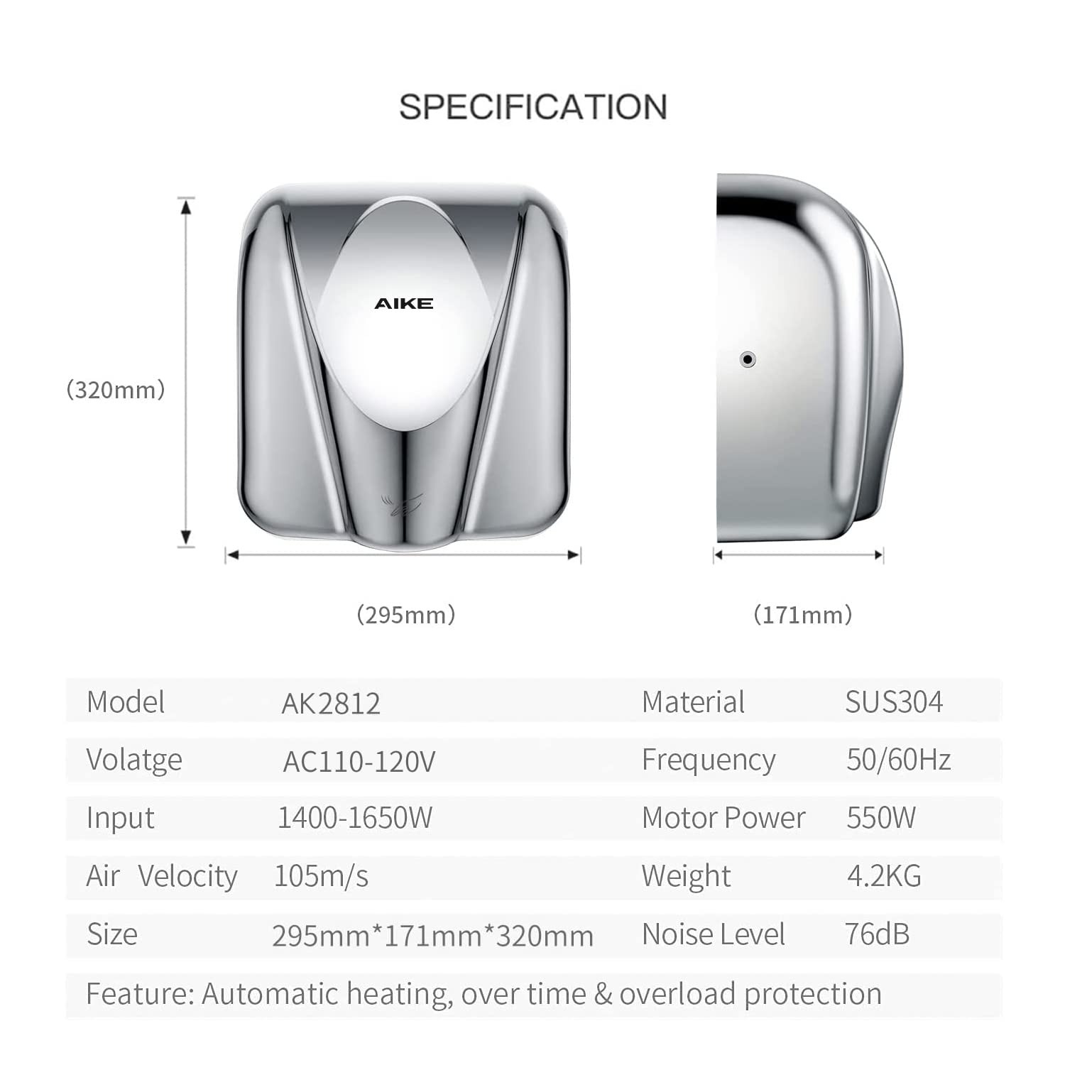 AIKE Commercial Hand Dryer and Automatic Soap Dispenser Combo (AK2812 & AK1206) - Polished Stainless Steel for Restrooms, Kitchens, and Public Spaces