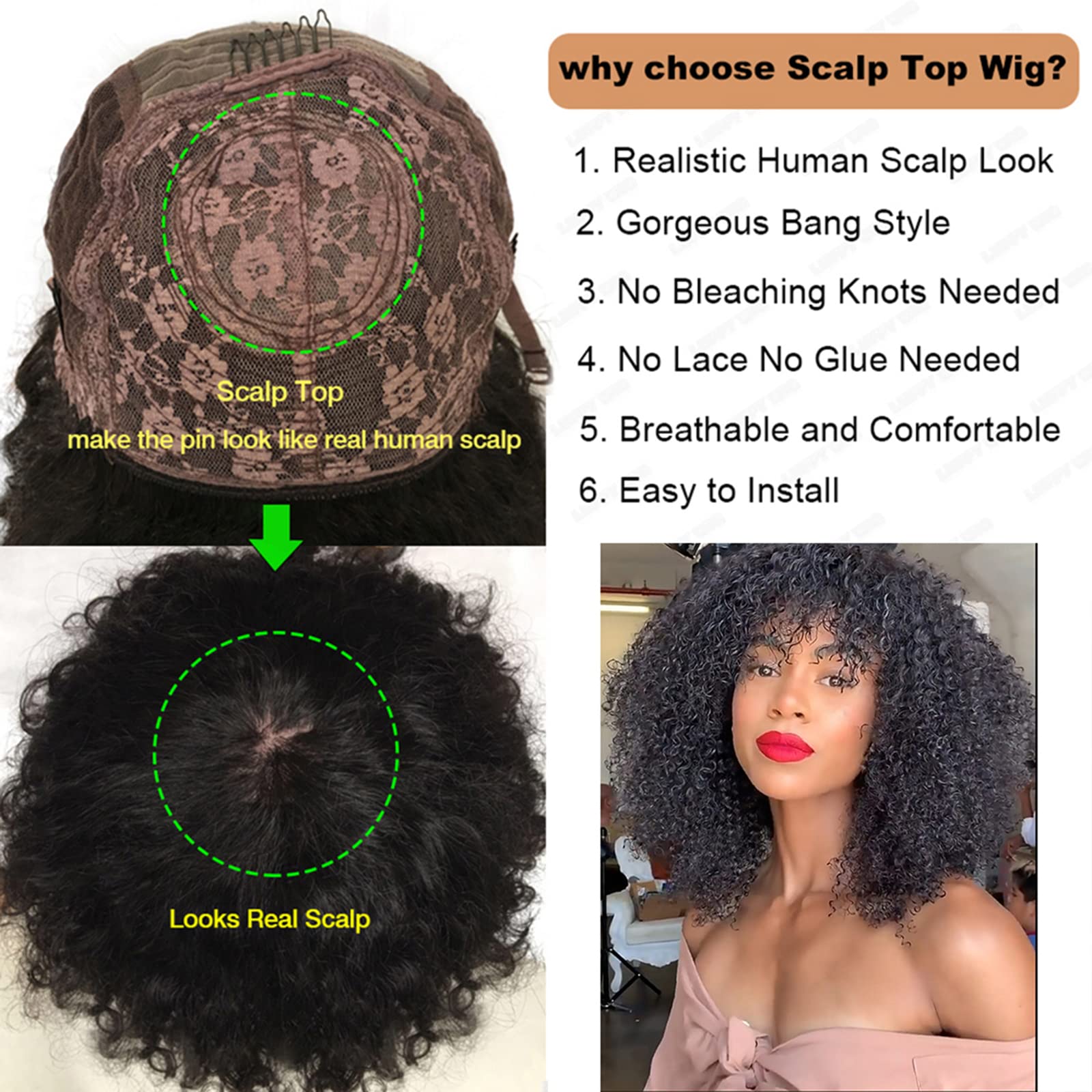 200% Density Afro Kinky Curly Human Hair Wig with Bangs - Brazilian Remy Hair - Machine Made Scalp Top - Natural Color Short Curly Wigs (14 inch) for Black Women, Cosplay, Daily Wear & Special Occasions