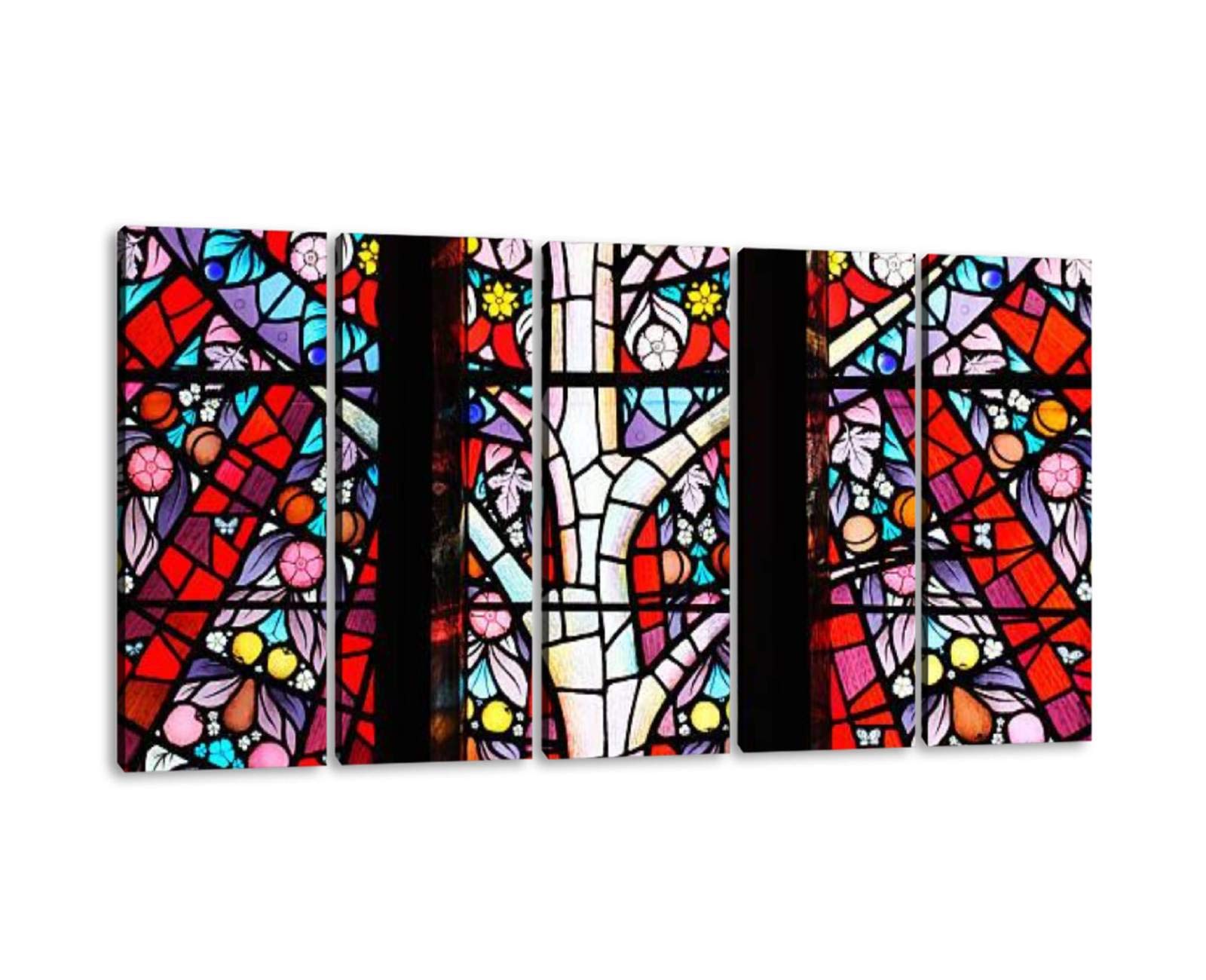 KiiAmy 5-Panel Tree of Life Stained Glass Wall Art - Modern Framed Canvas Painting for Home, Office & Bedroom Decor - Ready to Hang 60
