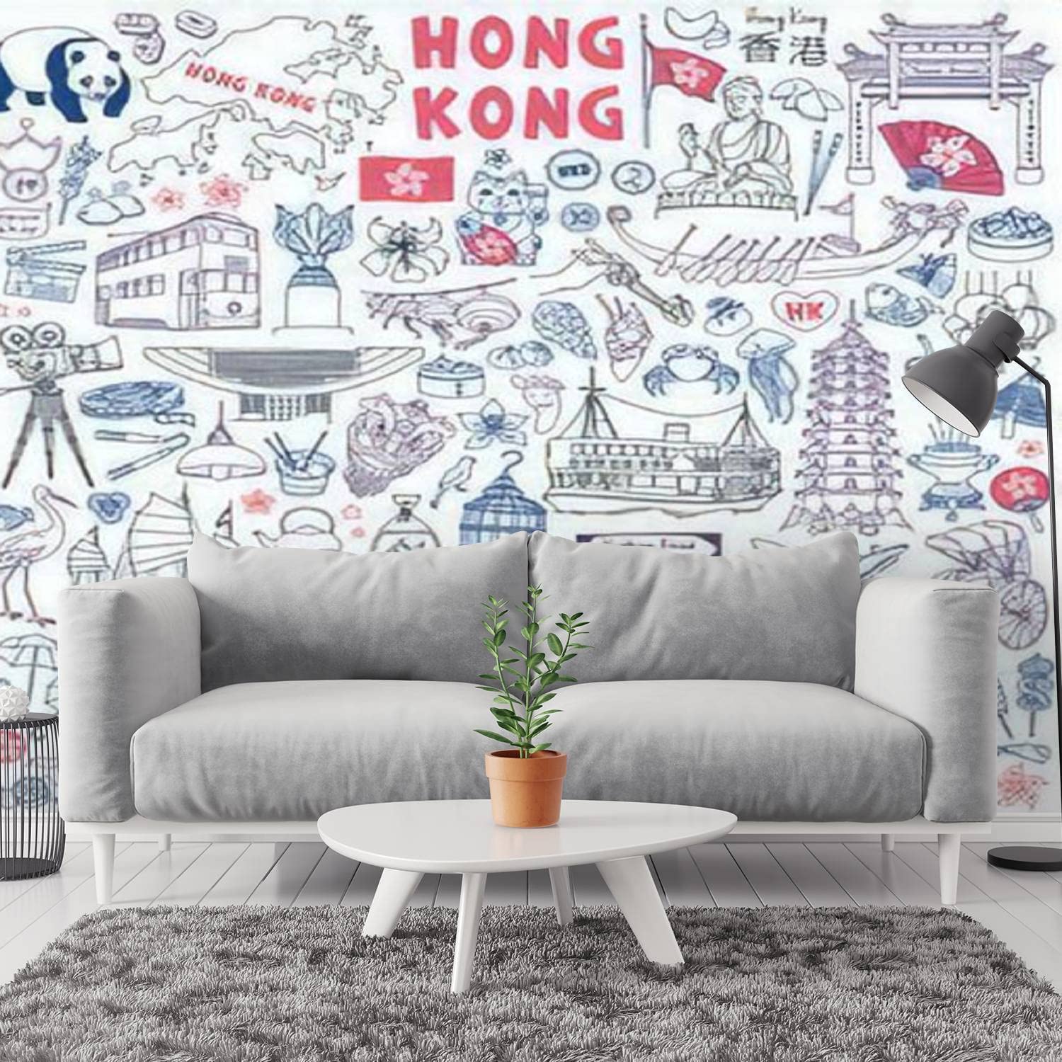 Peel & Stick Self-Adhesive PVC Wallpaper - Hong Kong Skyline Doodle Set with Hand-Drawn Food Landmarks, Removable Wall Mural Decal for Living Room & Bedroom Decor | Perfect for Home, Office, and Dorm Room Wall Stickers