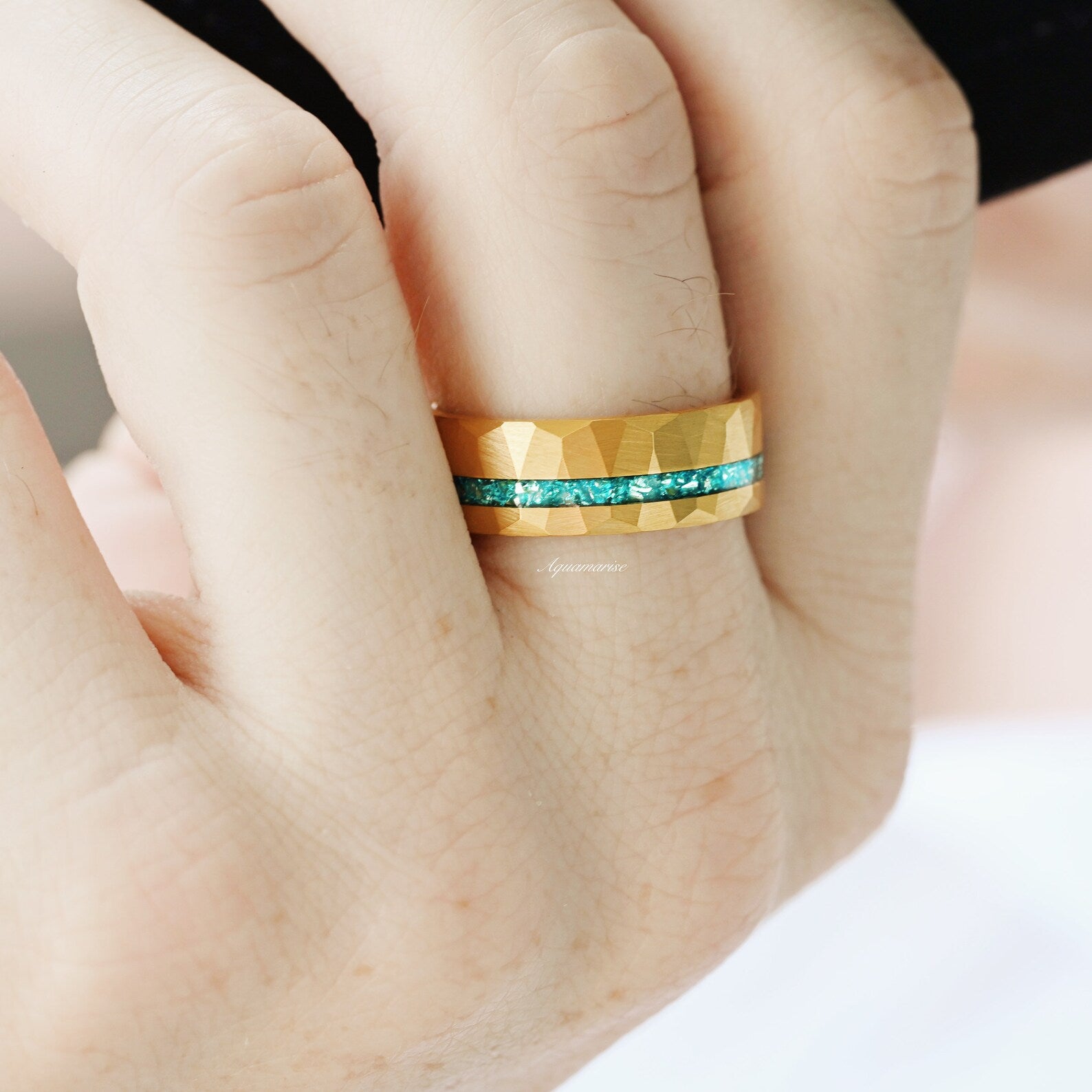 Crushed Aquamarine Wedding Band - Gold Tungsten Ring for Men & Women - Perfect for Engagement, Anniversary & Gift Giving