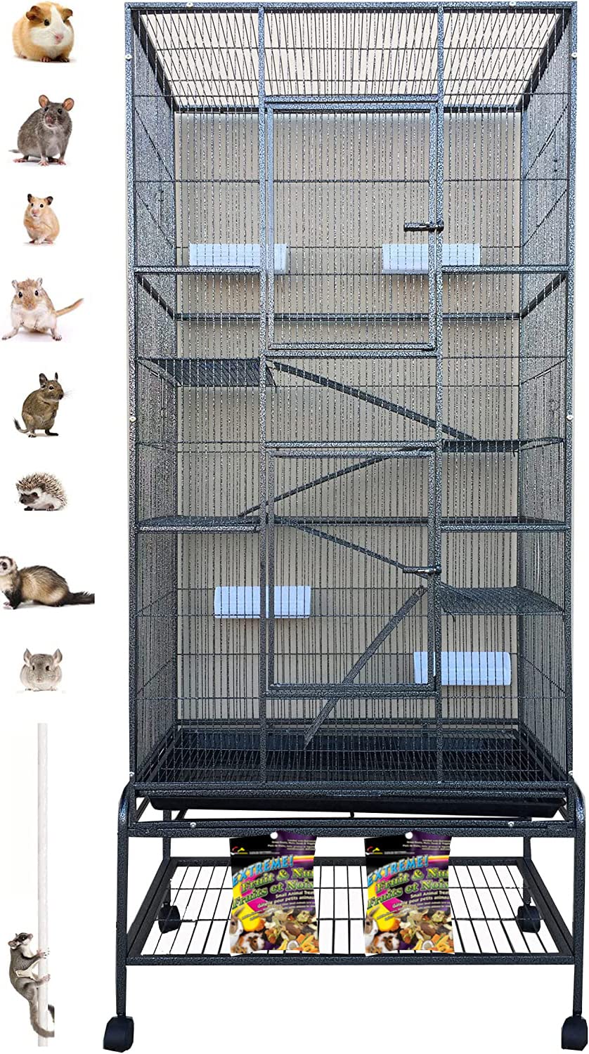 Extra Large 5-Tier Wrought Iron Small Animal Cage - Chew-Proof Metal Enclosure for Ferrets, Squirrels, Chinchillas & Sugar Gliders | Easy-Clean Pull-Out Tray & Removable Rolling Stand | Perfect for Small Pet Homes, Play Areas & Vet Clinics