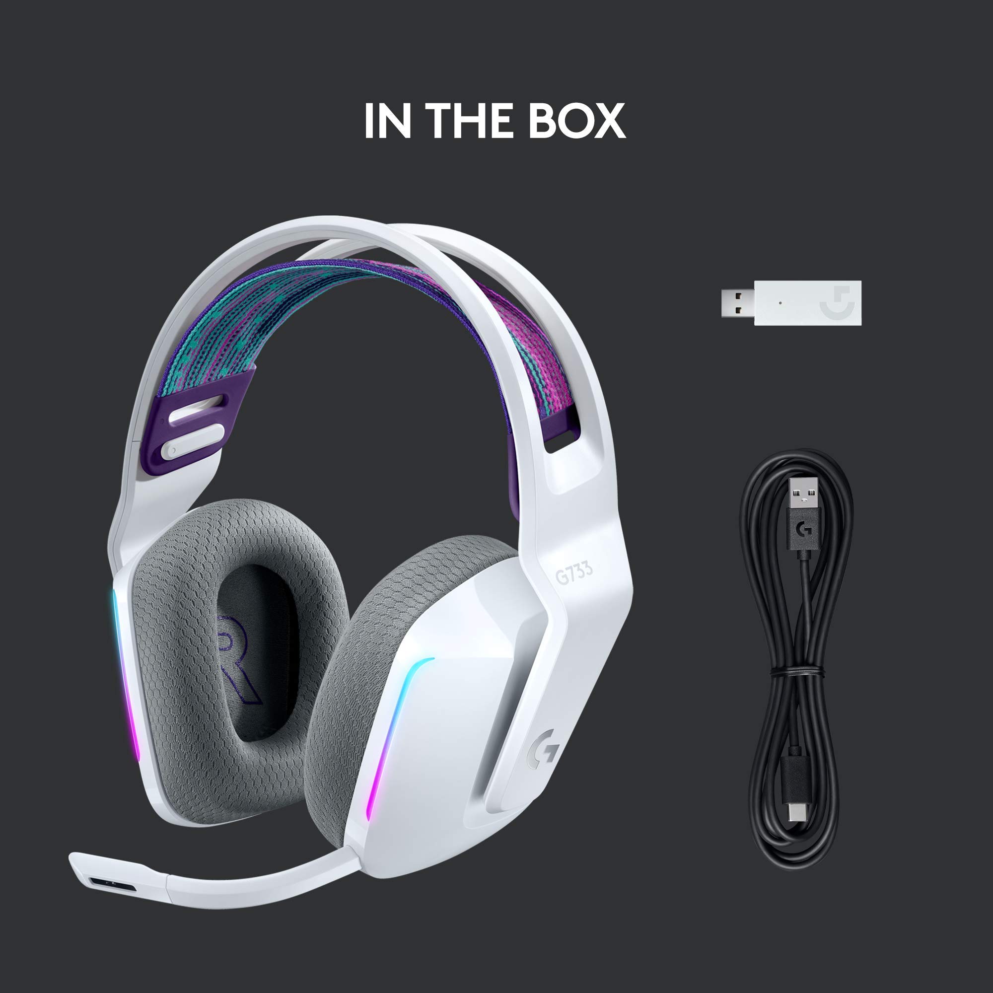 Logitech G733 LIGHTSPEED Wireless Gaming Headset with Suspension Headband, LIGHTSYNC RGB, Blue VO!CE Mic Technology & PRO-G Audio Drivers - White | PC, PS5, Xbox Series X|S Compatible for Immersive Gaming & Streaming