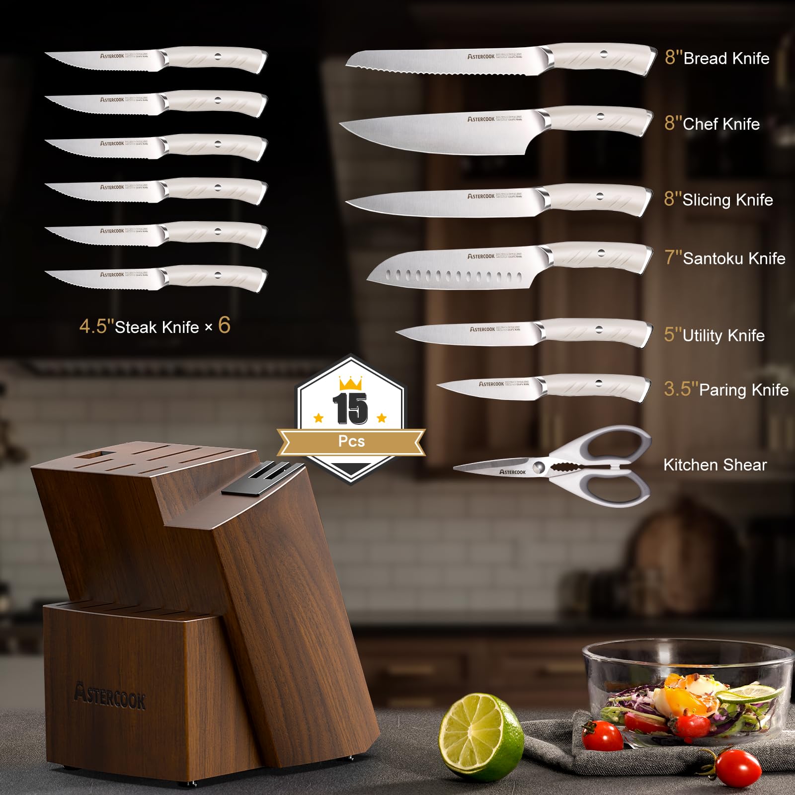 Astercook 15-Piece German Stainless Steel Knife Set with Wooden Block & Sharpener - Full Tang Kitchen Knives, Dishwasher Safe, Anti-Slip Ergonomic Handles (Elegant White) - Perfect for Home Chefs, Cooking Enthusiasts & Professional Kitchens