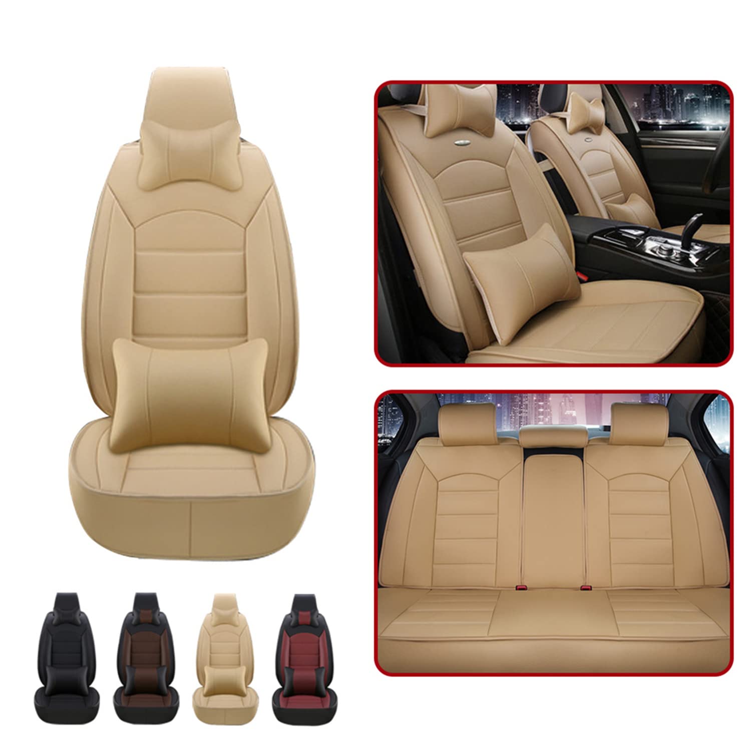 Premium Leather Car Seat Covers - Luxury Front & Rear Set with Headrest Cushions | Wear-Resistant, Waterproof & Airbag-Compatible | Perfect for SUVs, Trucks & Sports Cars | Enhances Comfort & Protects Vehicle Interior