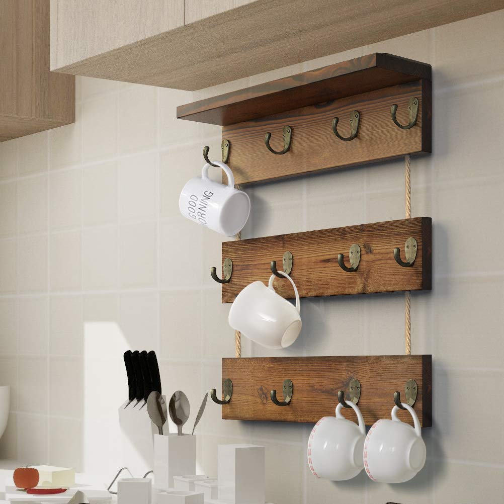 12 Hooks Solid Wood Coffee Cup Holder with Shelf - Rustic Mug Rack for Kitchen, Coffee Bar & Farmhouse Decor - Perfect for Organizing Mugs, Spices & Displaying Decor in Home, Cafe or Office