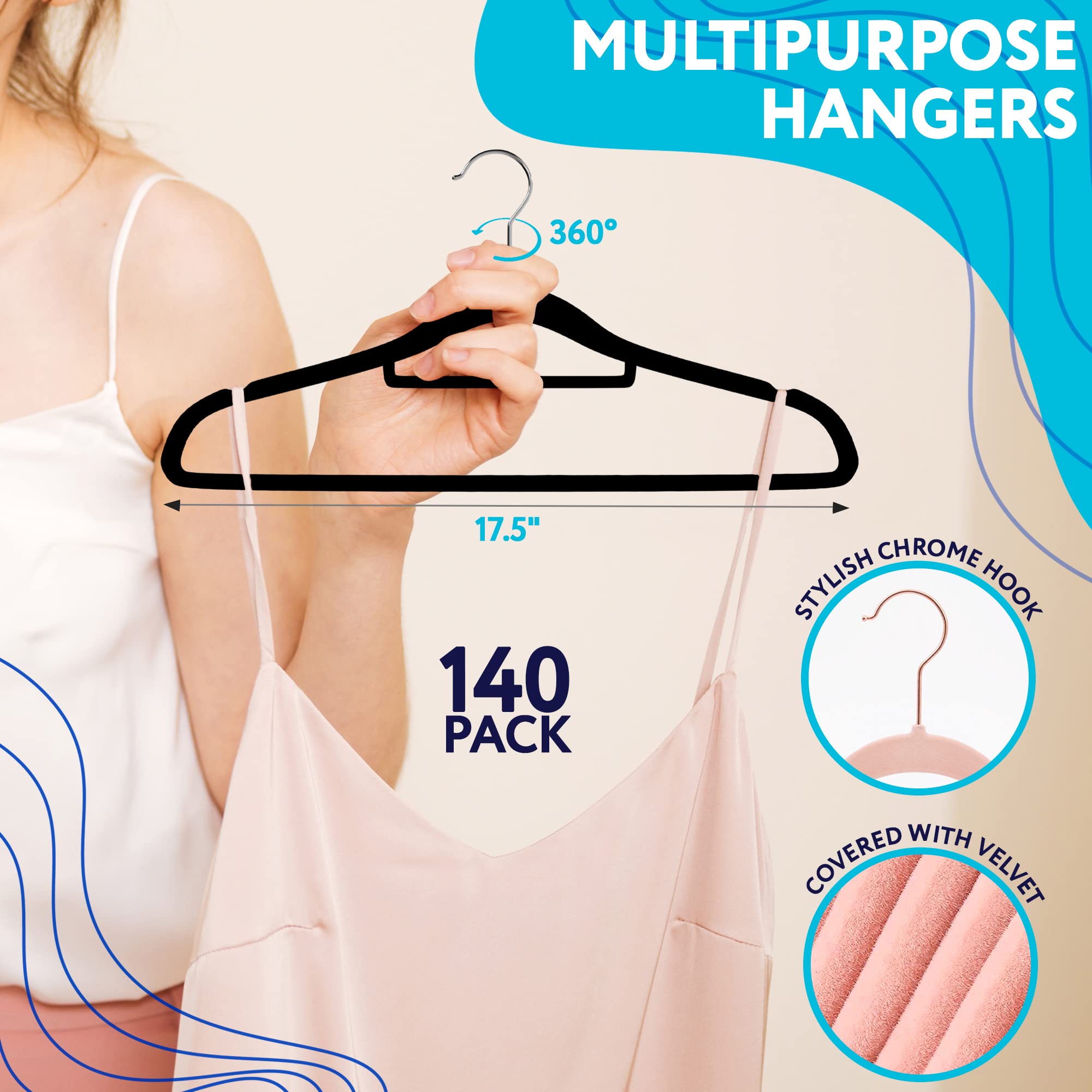 Premium Black Velvet Hangers - 140 Pack Non-Slip Clothes Hangers with 360° Swivel Chrome Hooks & Notched Shoulders for Wardrobe Organization - Perfect for Closets, Retail Stores, and Travel Luggage