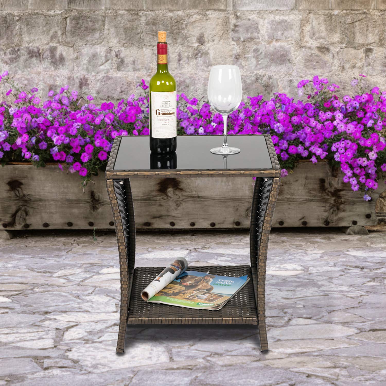 Kinsuite PE Rattan Coffee Table with Glass Top and Storage Shelf - Outdoor Patio Garden Side Table for Living Room, Balcony, and Poolside Relaxation