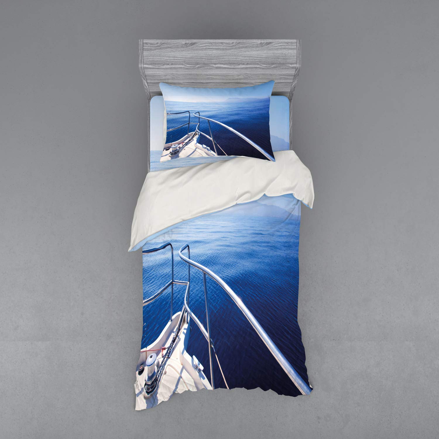 Ambesonne Navy Blue Duvet Cover Set - 3 Piece Boat and Ocean Themed Bedding with Sham & Fitted Sheet, Twin Size, Nautical Island Landscape Design for Coastal & Beach House Decor | Perfect for Guest Rooms, Vacation Homes & Maritime Enthusiasts