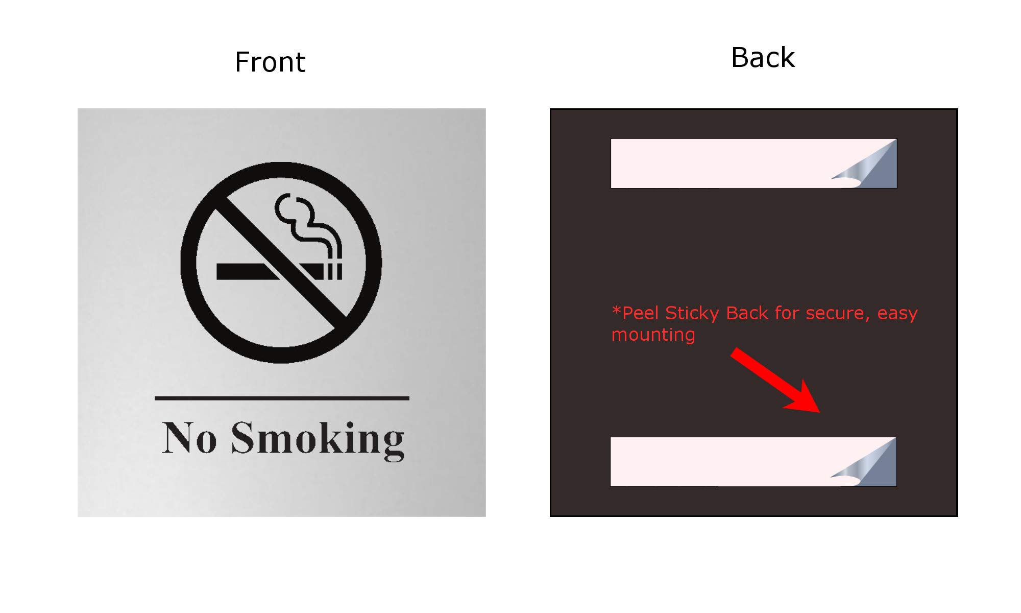 No Smoking Sign - 5x5 Inch Flexible Plastic Square with Adhesive Back - 6 Color Options (Pack of 6, Silver/Black) - Perfect for Offices, Restaurants & Public Spaces