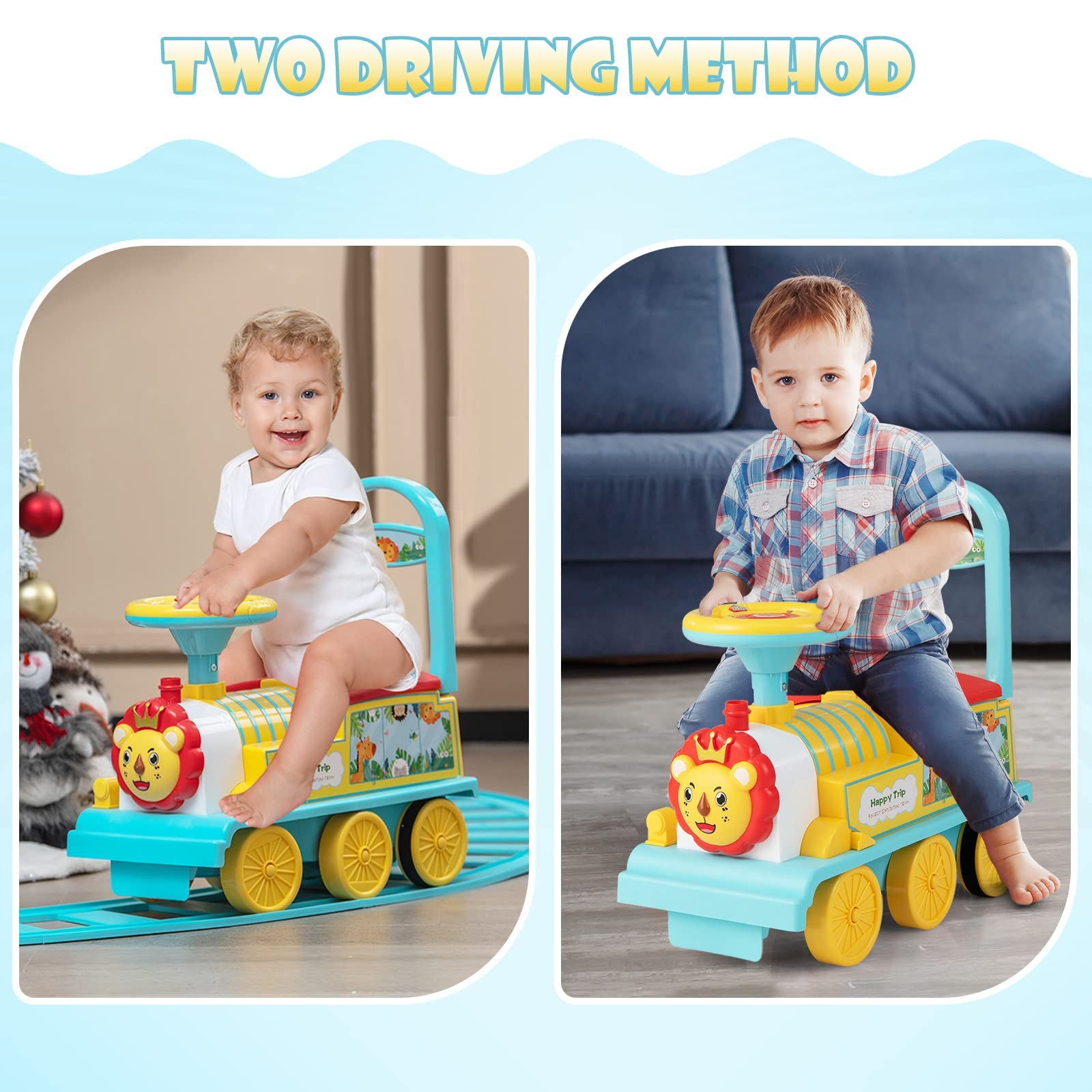 OLAKIDS 6V Electric Ride On Train Toy for Kids with Track, Lights & Sounds - Retractable Footrest & Under Seat Storage - Christmas Themed Battery Powered Gift for Toddlers, Boys & Girls (Lion) - Perfect for Indoor Play, Birthday & Holiday Gifts