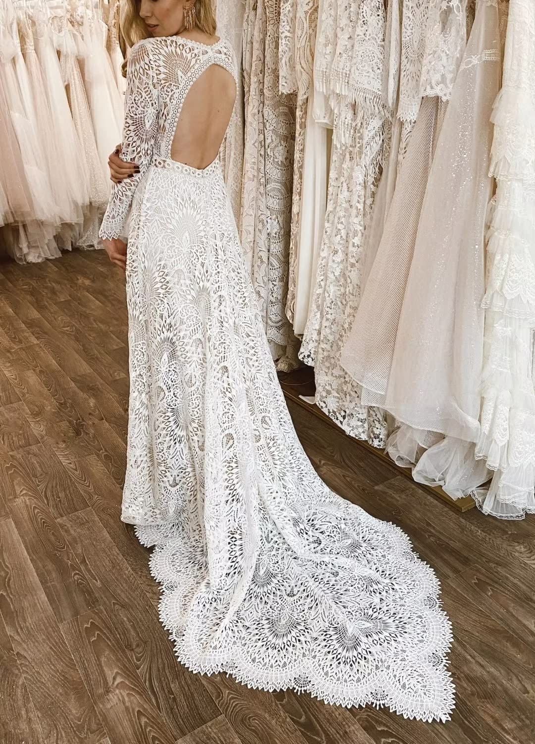 Boho Lace Wedding Dress for Women - Long Sleeve Mermaid Bridal Gown with Train | Elegant Bohemian Style for Beach, Garden & Vintage Weddings