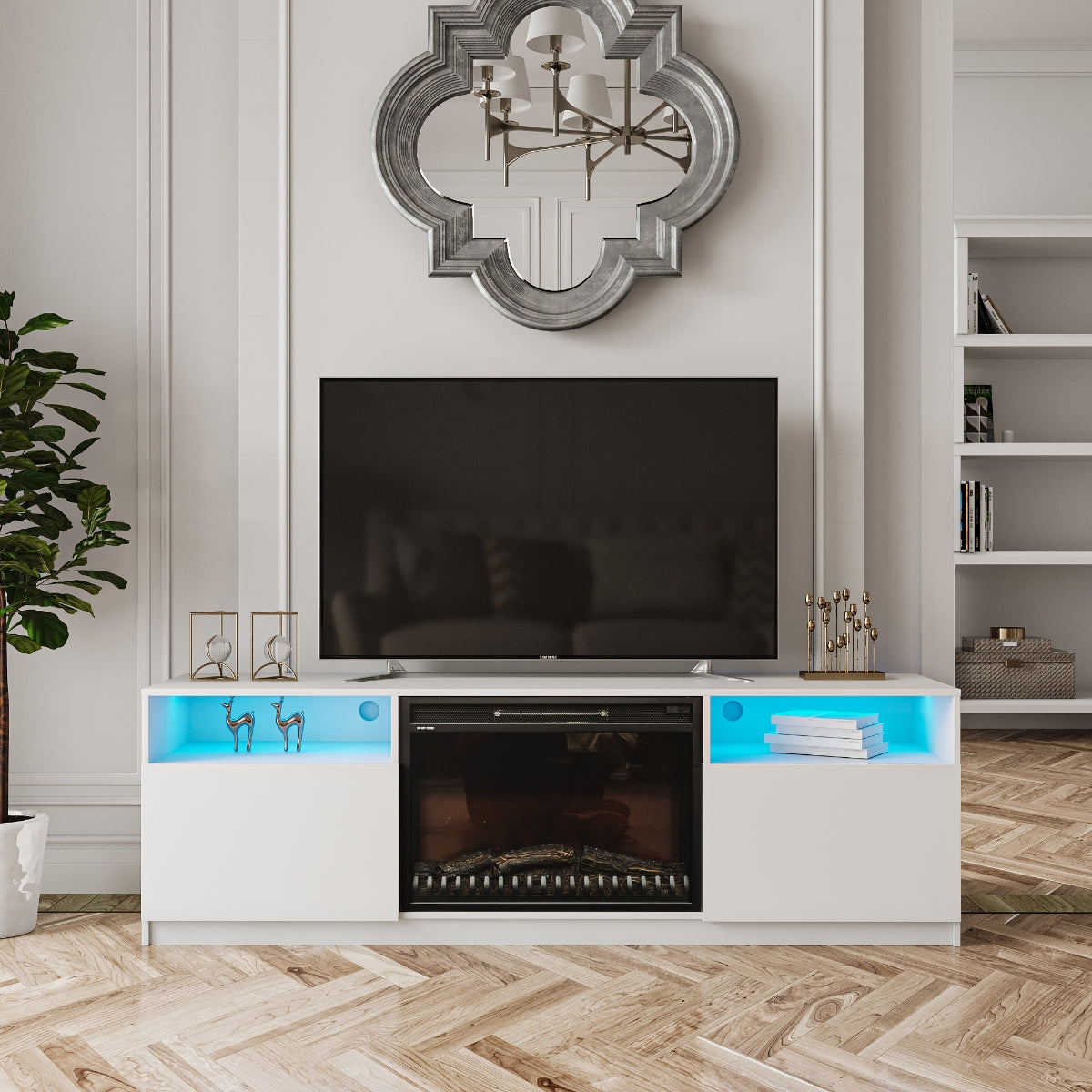 Amari Electric Fireplace TV Stand - 60 Inch Modern Entertainment Center with Heater, Storage Shelves - Perfect for Living Room, Bedroom & Home Theater Setup