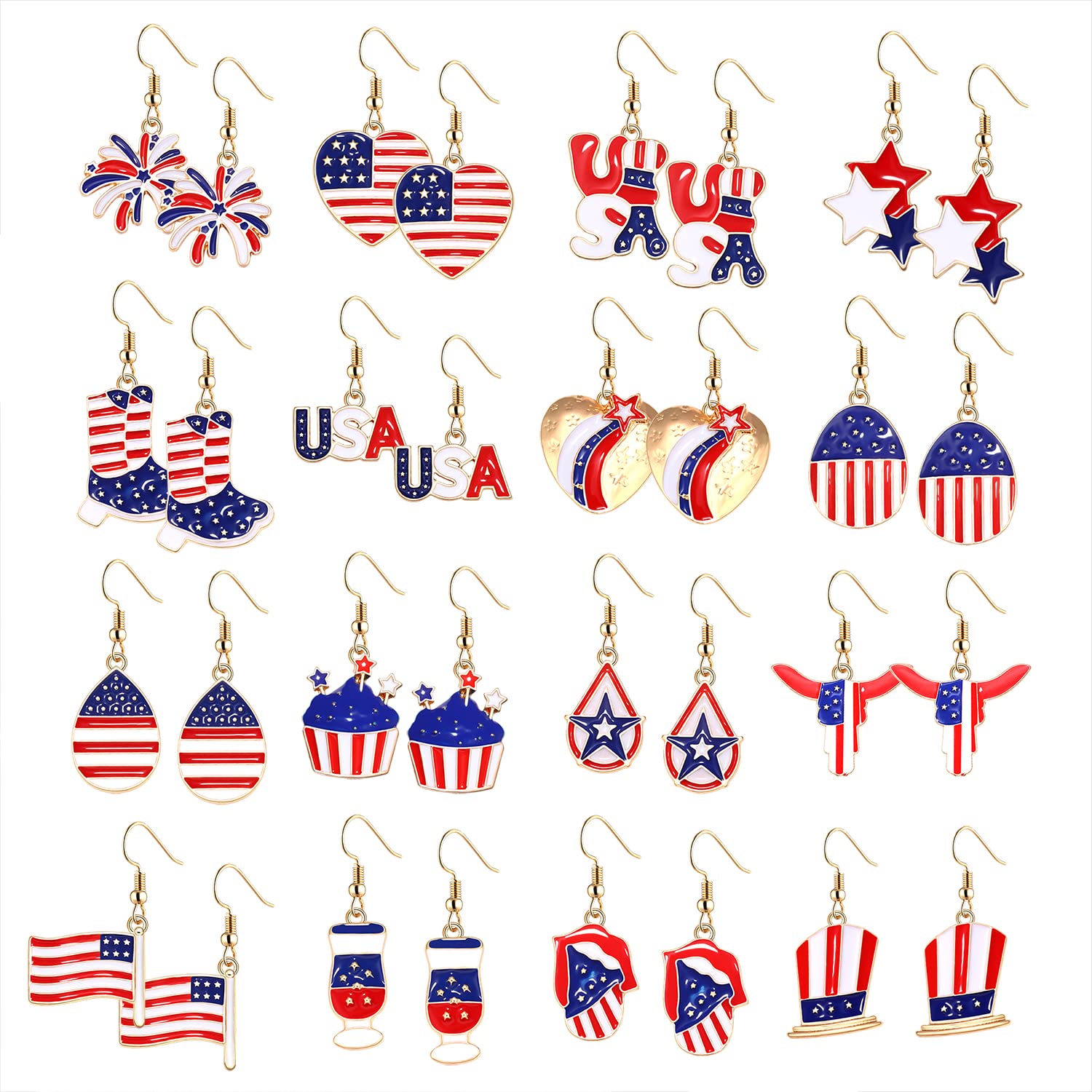 16 Pairs USA Flag Earrings for Women - Patriotic Red White Blue Star Heart Earrings | American Independence Day Jewelry | Perfect for 4th of July, Memorial Day & Patriotic Events