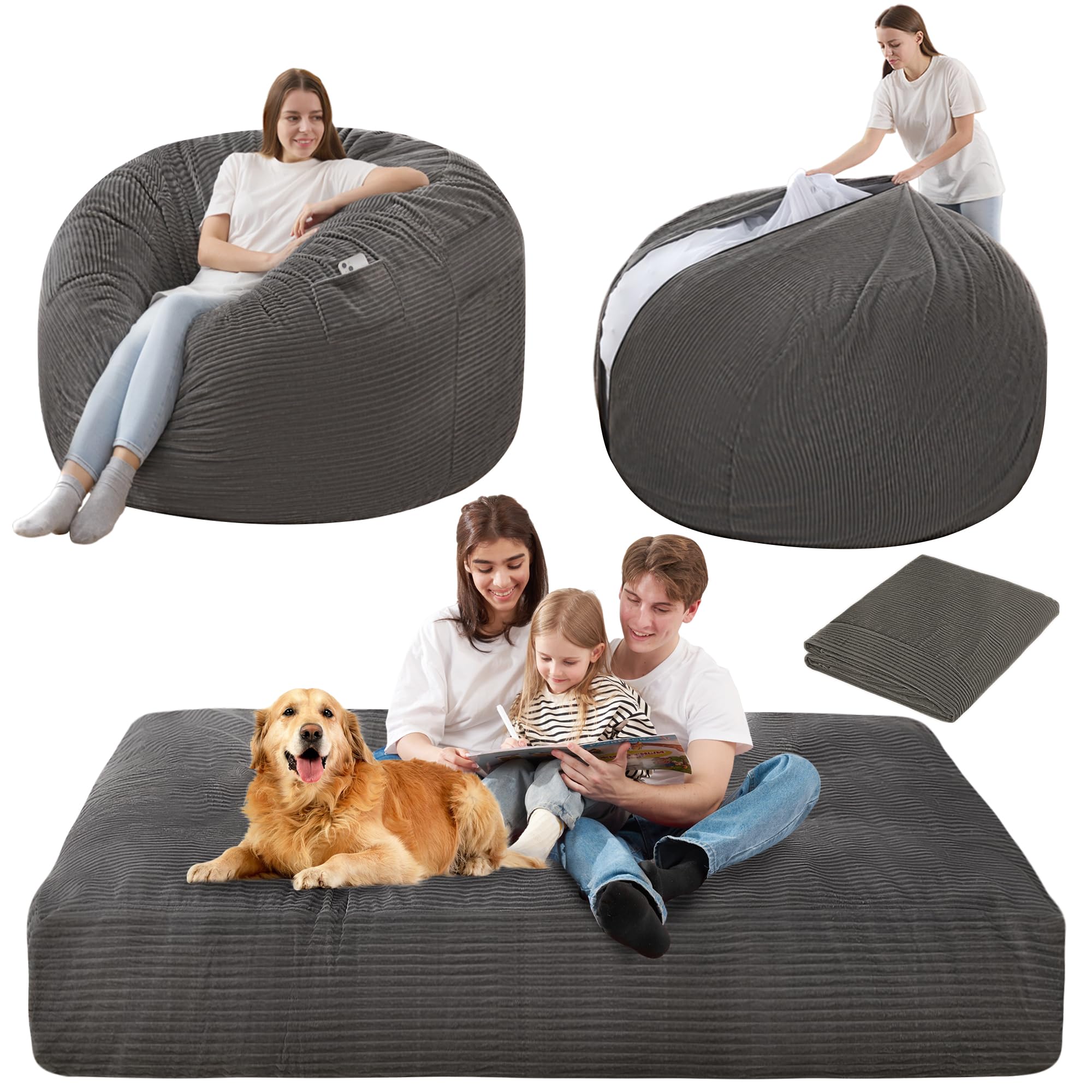 Homguava Corduroy Bean Bag Chair - Convertible from Bean Bag to Mattress | Multi-Shape Lounge Chair for Living Room, Bedroom & Dorm | Grey Full Size | Perfect for Relaxing, Gaming & Sleepovers