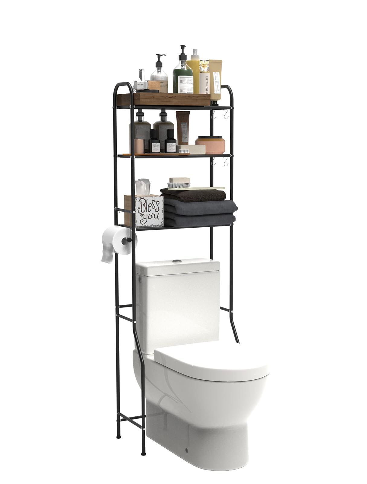 3-Tier Over The Toilet Storage Shelf - Adjustable Height Bathroom Organizer with Paper Holder & 4 Hooks | Space-Saving Metal Rack for Towels,Toiletries & Decor | Perfect for Small Bathrooms,Apartment Living & Guest Bath Organization
