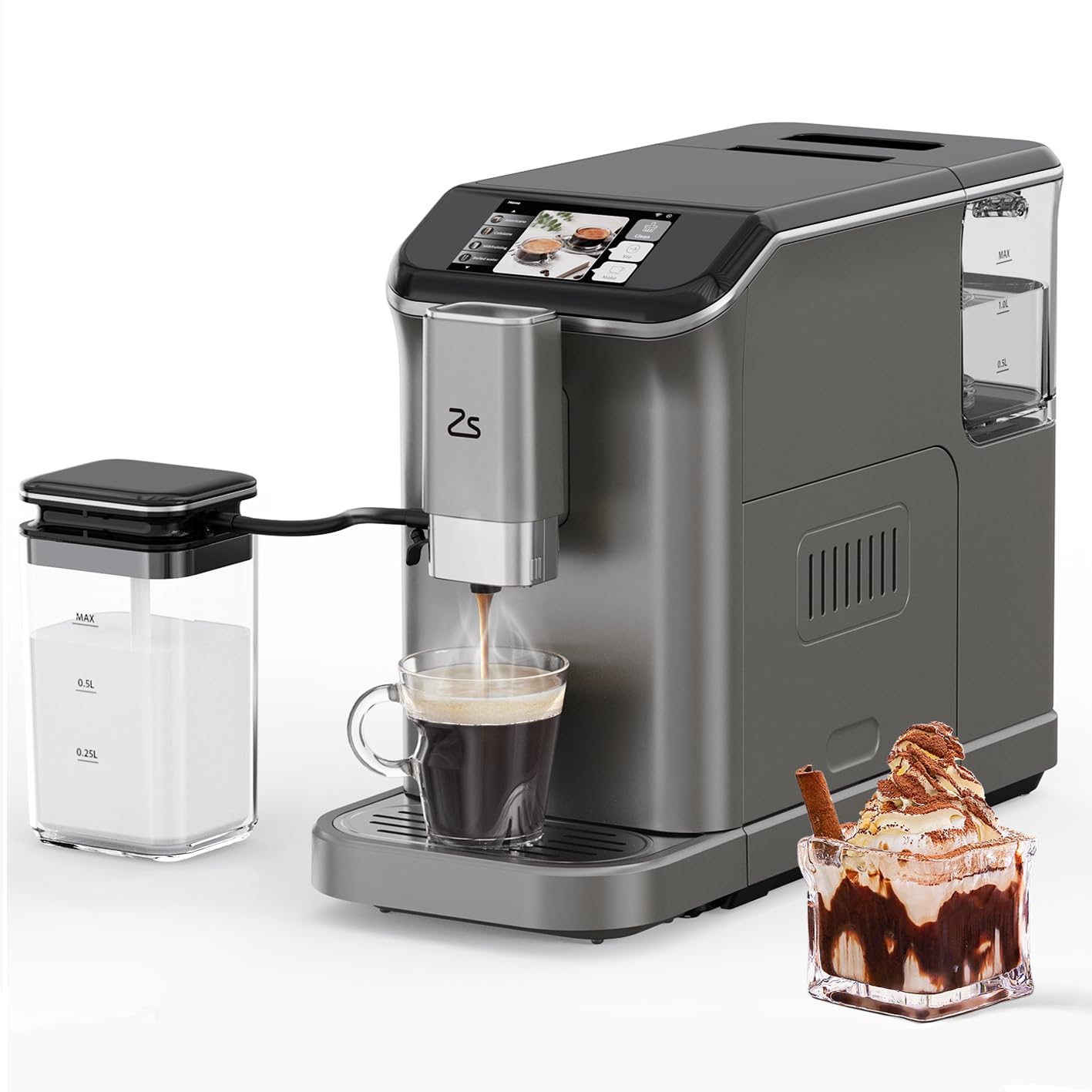 Fully Automatic Espresso Machine with Built-in Grinder & Milk Frother - 20 Bar Pressure, Touch Screen, 7 Coffee Options, One-Touch Brewing for Espresso & Latte - Perfect for Home, Office & Coffee Shop Use (Silver)