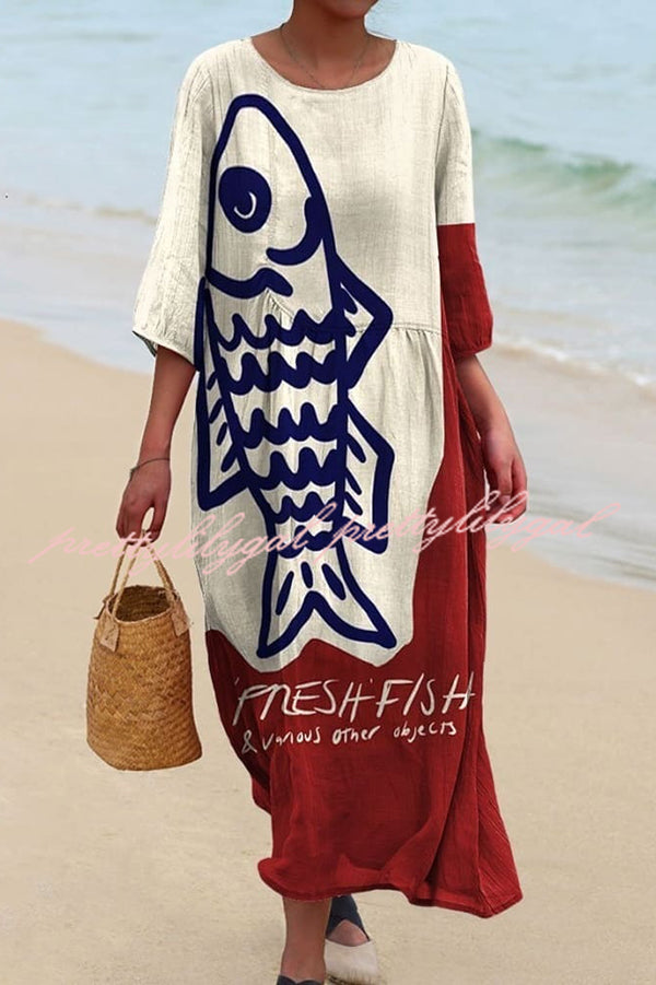 Stylish Marine Print V-Neck Short Sleeve Midi Dress for Women | Beach Vacation, Summer Party & Casual Outfit